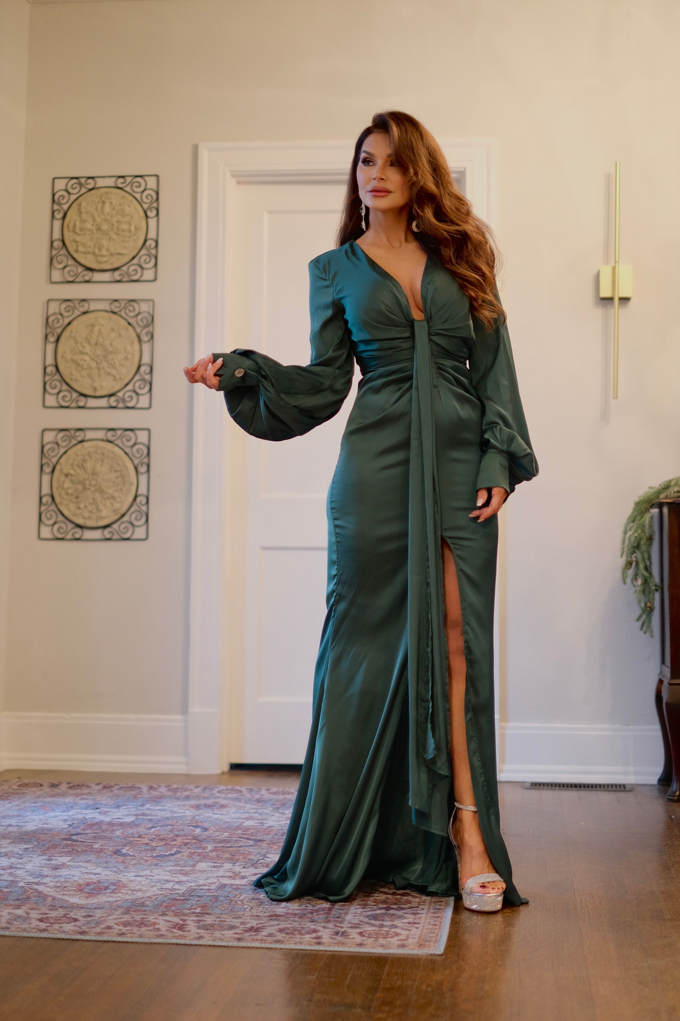 Sonya emerald green satin long sleeve dress with front tie and front slit