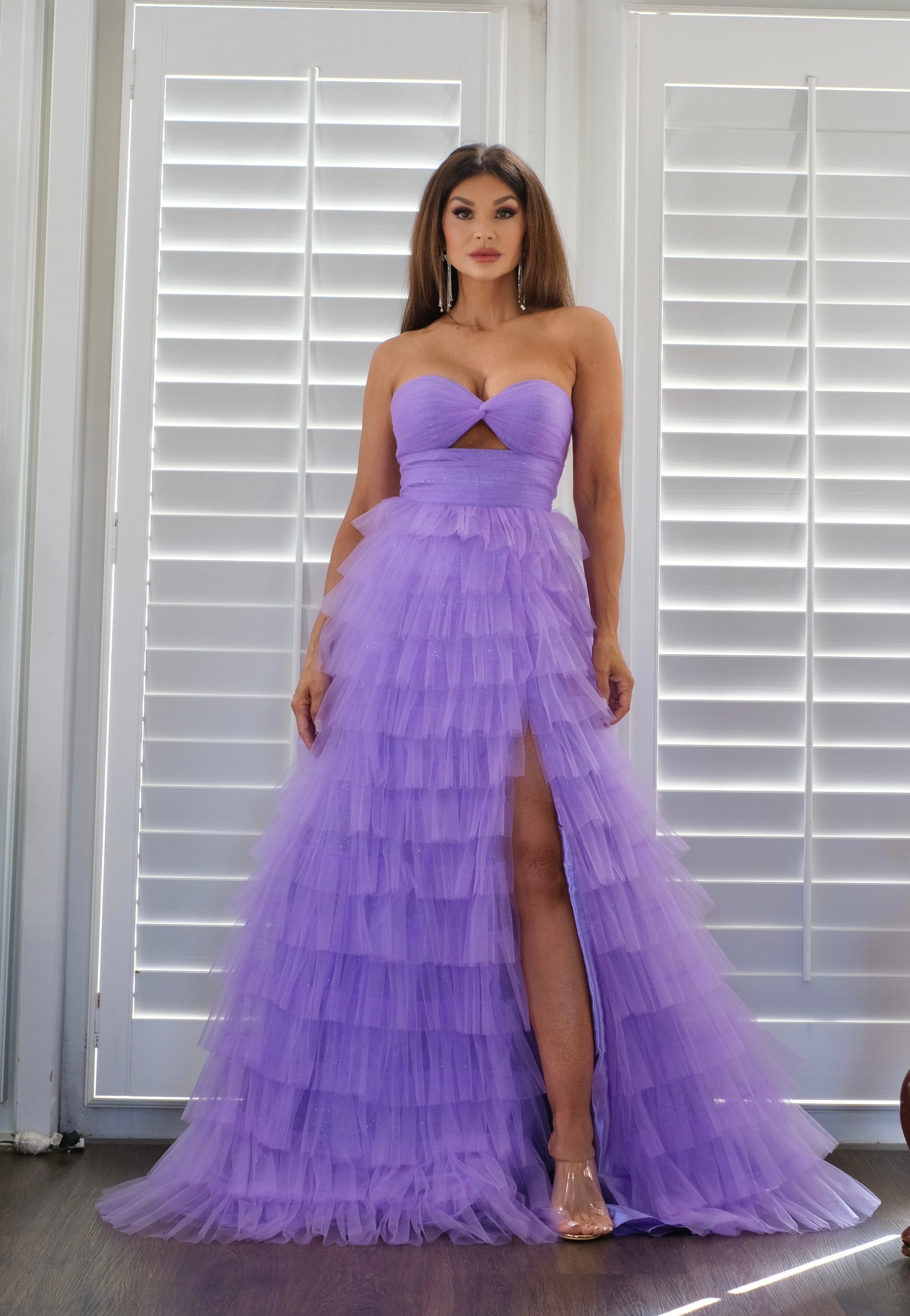 Adaline lilac layered tulle tiered formal with slit