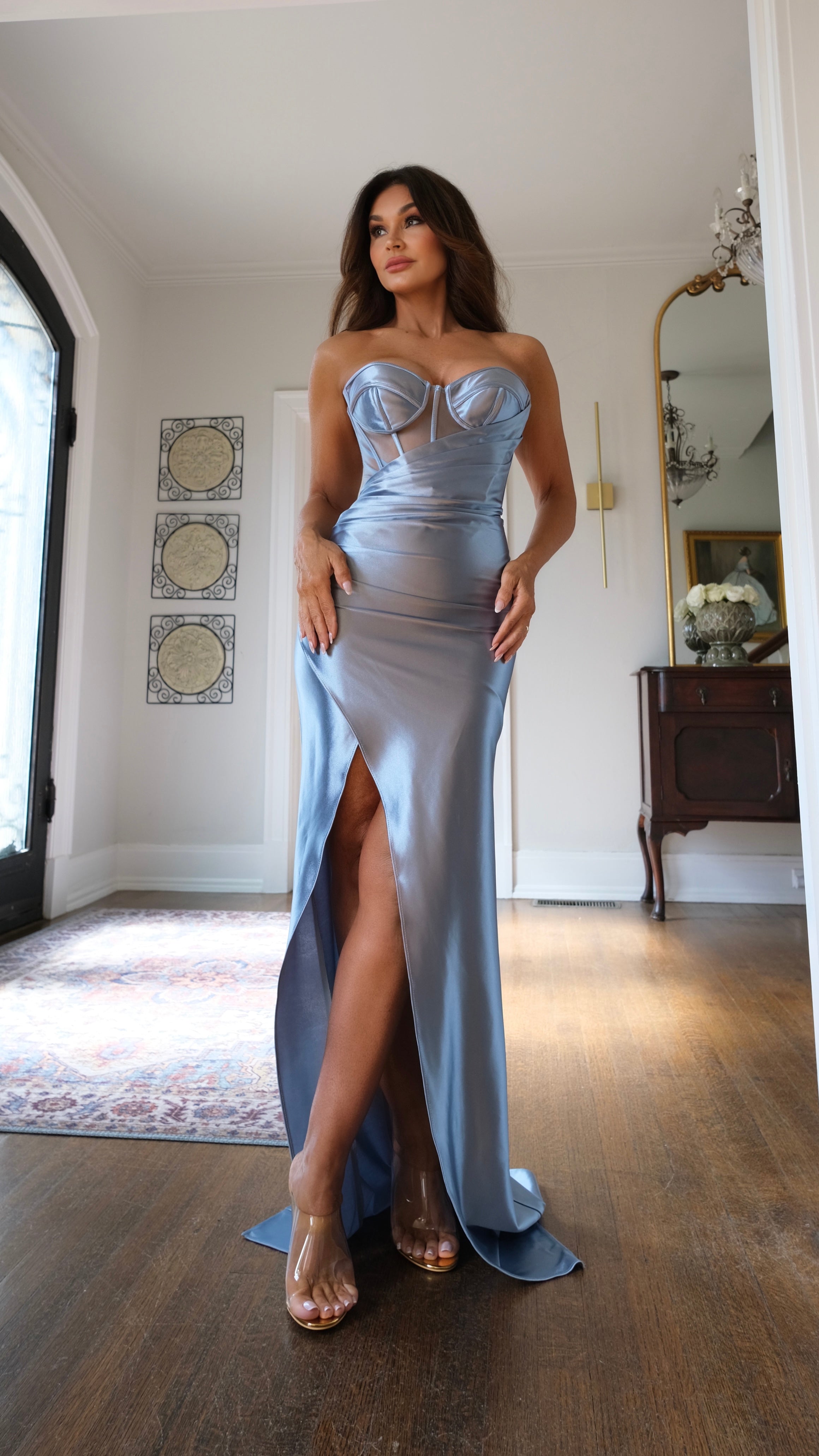Robyn dusty blue mesh corset formal with slit