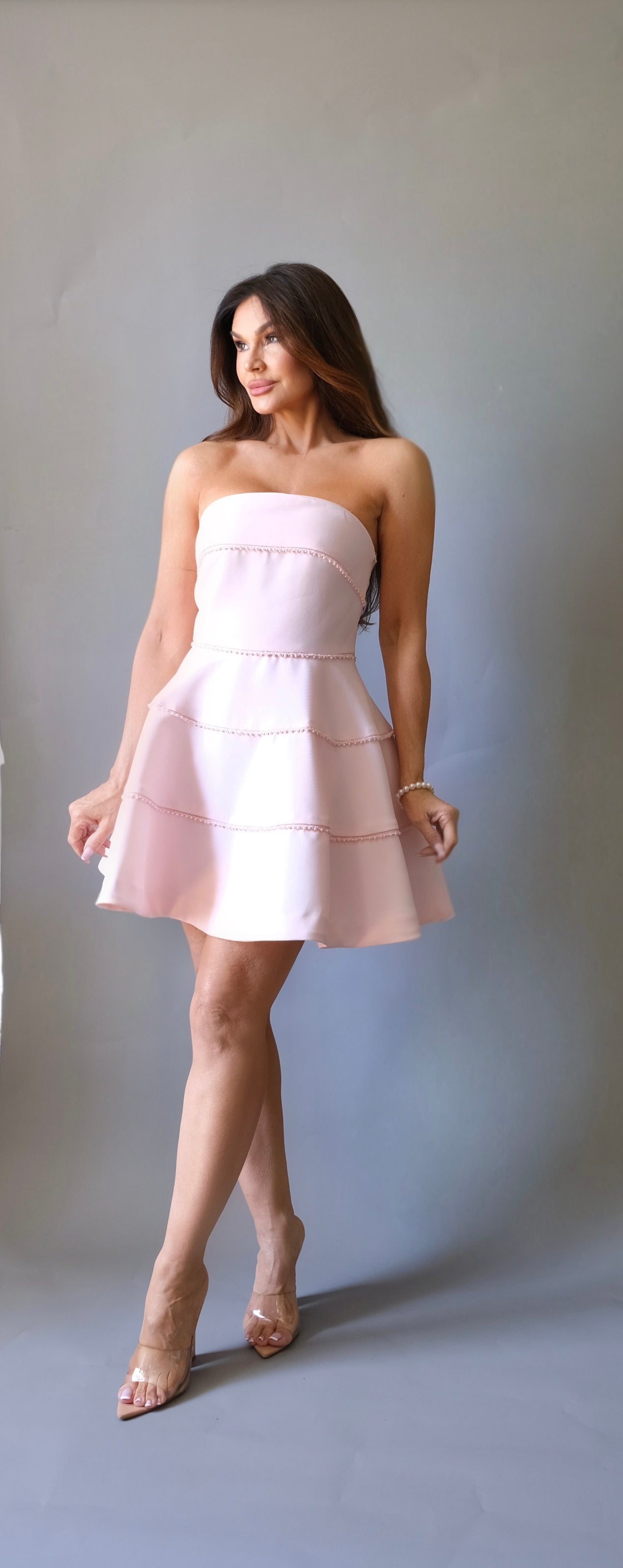 Taylor pink pearl trimmed mini dress