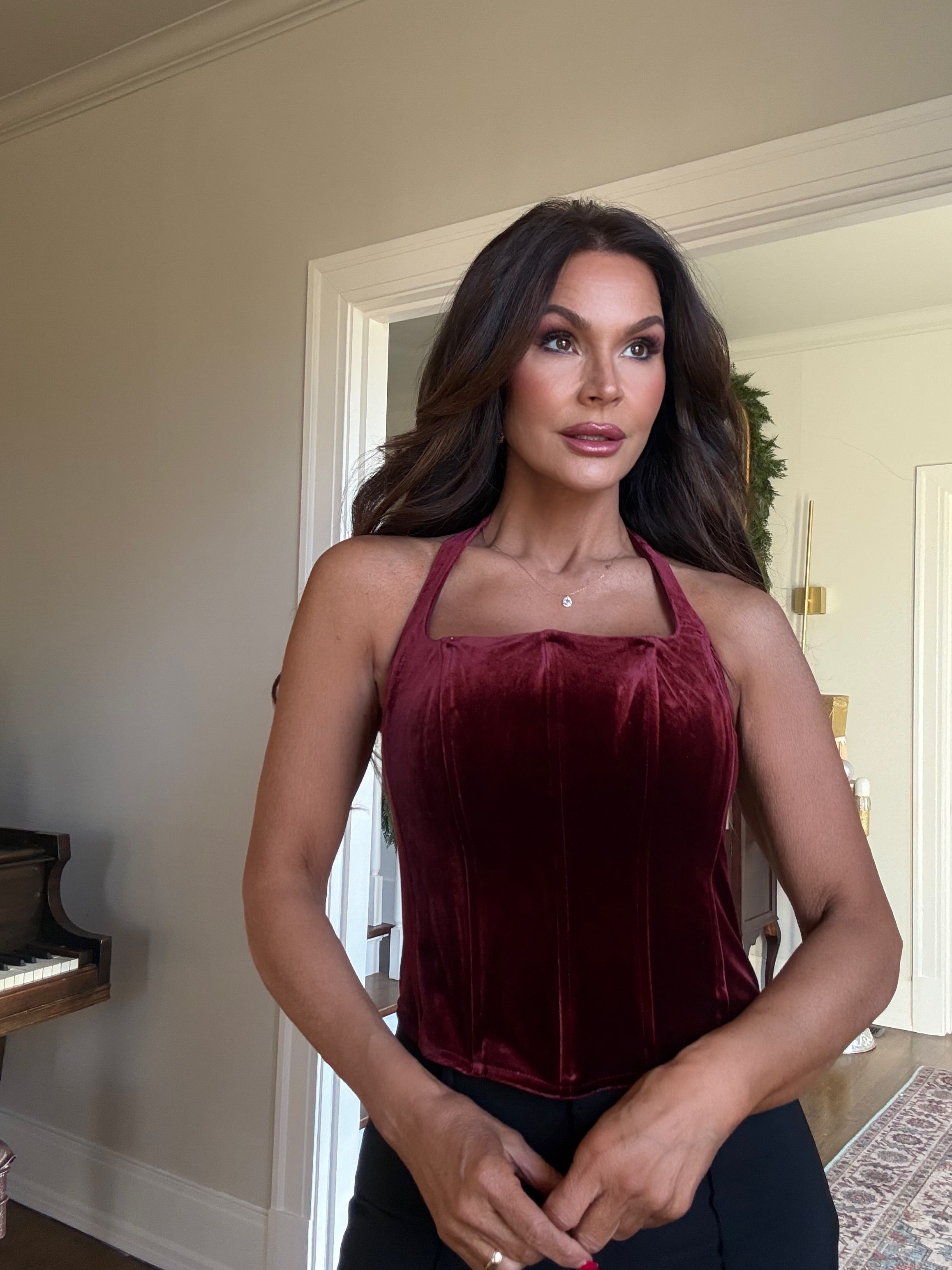 Jacy Wine Velvet Halter Corset Boning Top