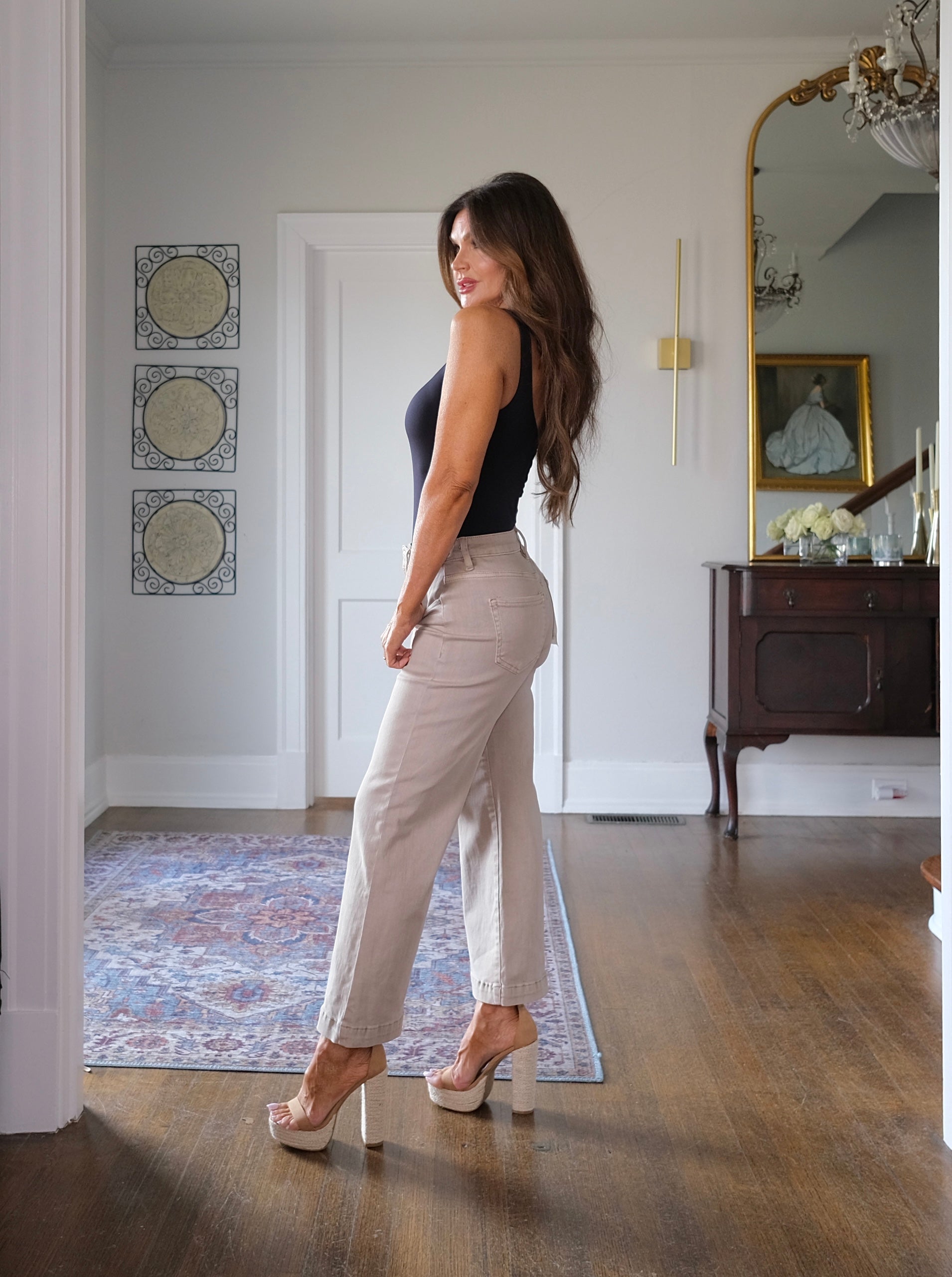Fern taupe mid rise adjustable wide leg crop jean