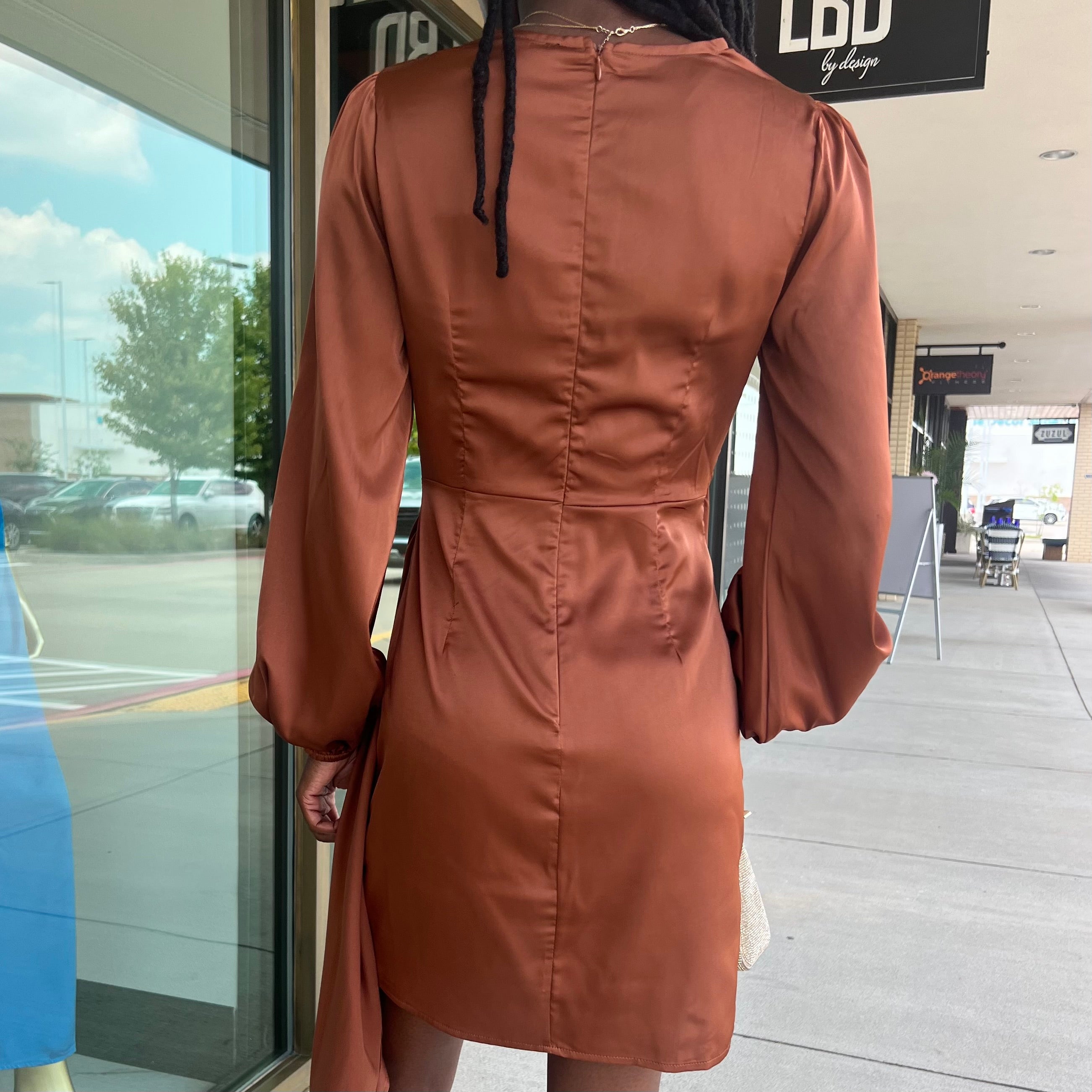Milli Chocolate Brown Long Sleeve SIde Sash Mini Dress