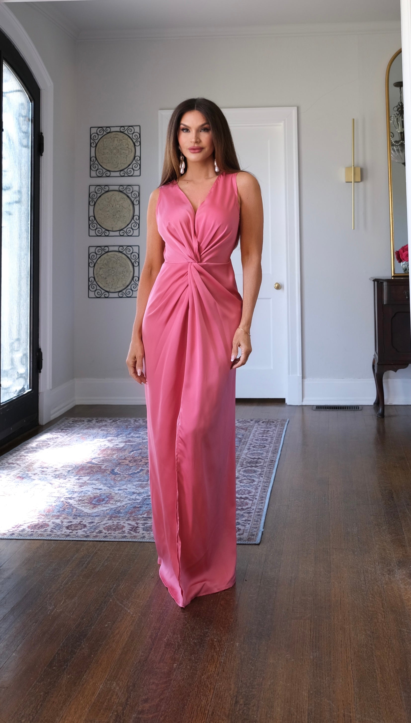 Rebel rose satin knotted v neck maxi dress