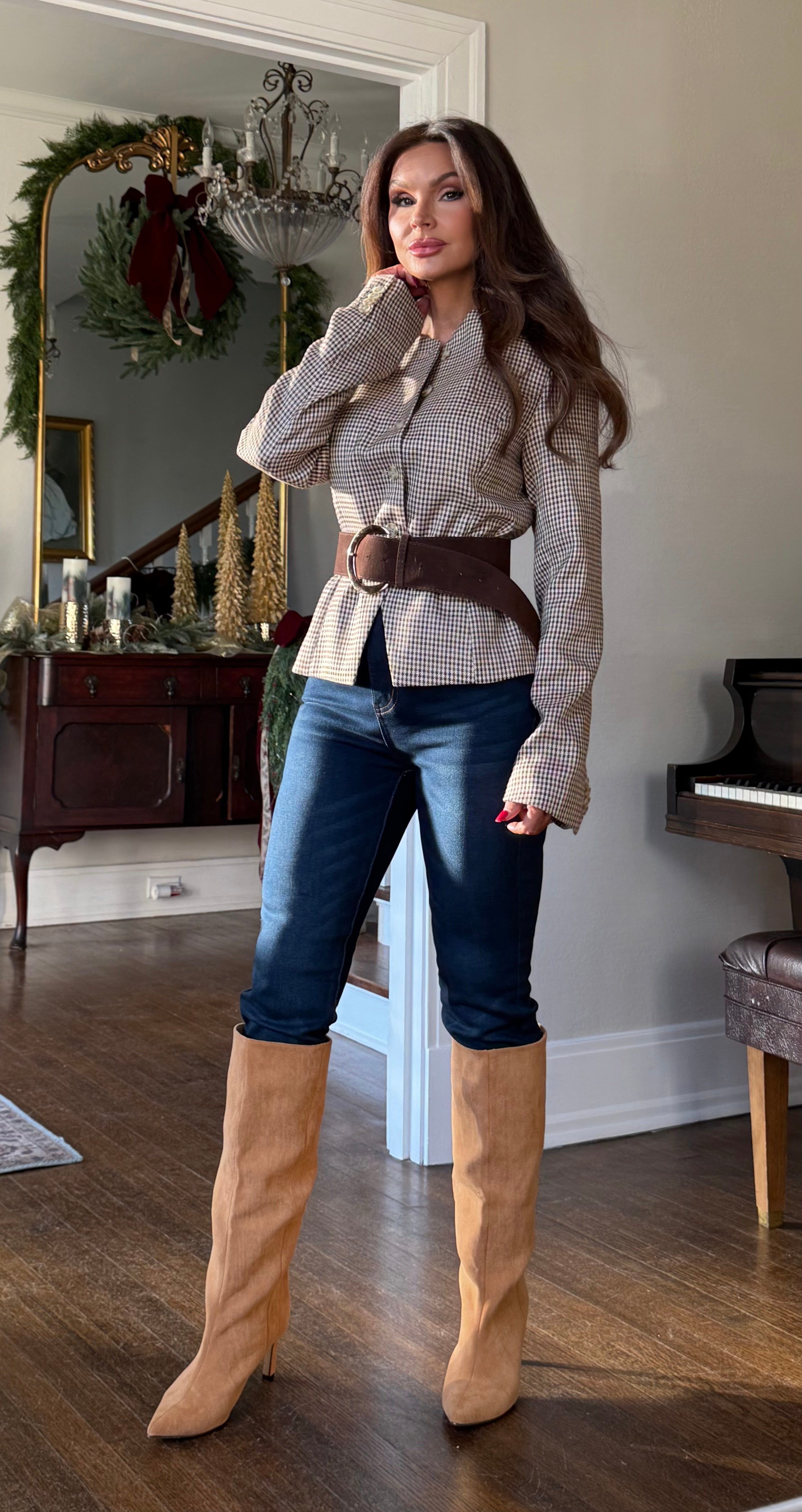 Lana Brown Plaid Round Neck Blazer