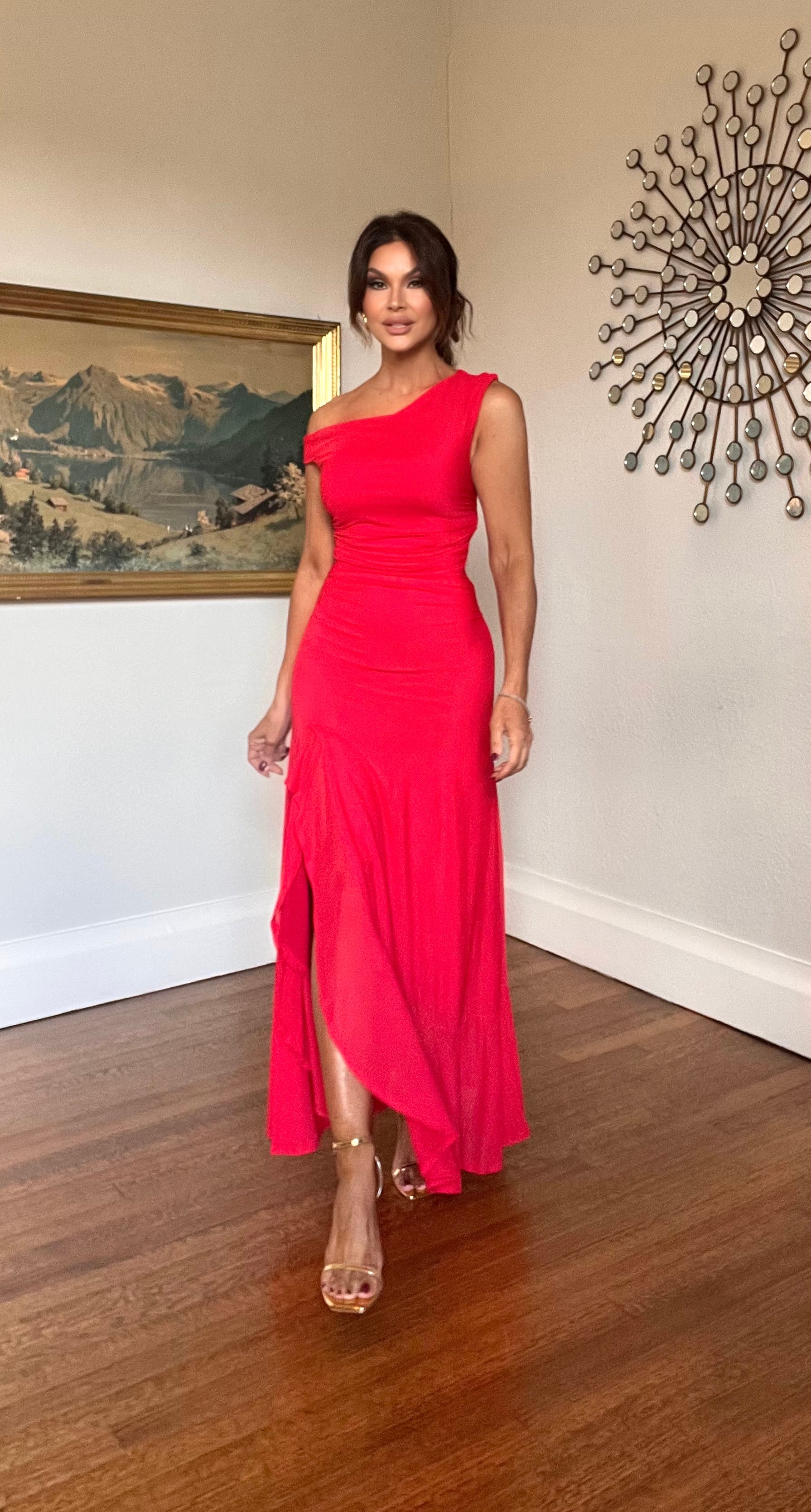 Sasha Red Boat Neck Ruched Mesh Side Slit Midi Dress