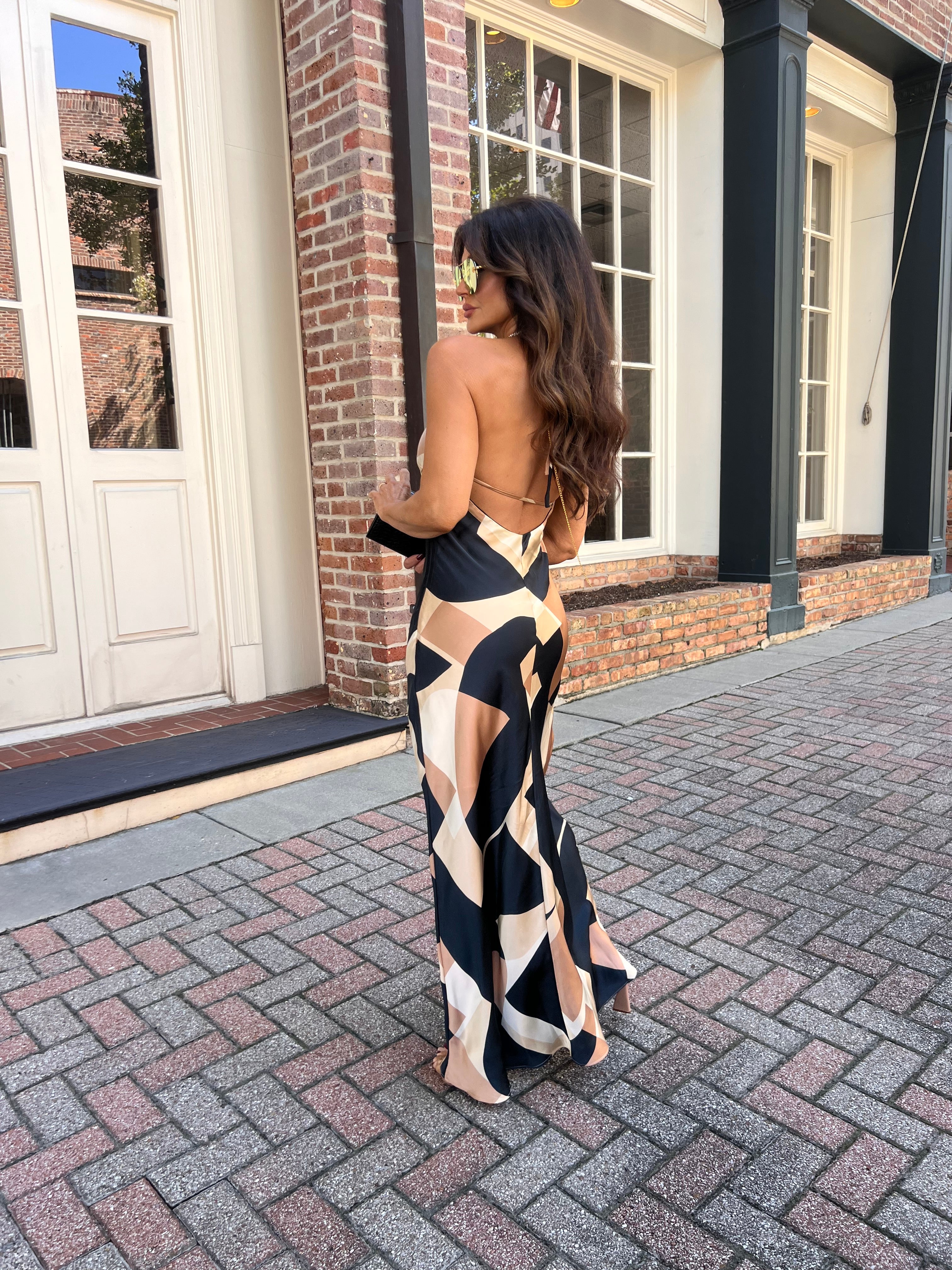 Paula Geo Satin Print Halter Midi Dress