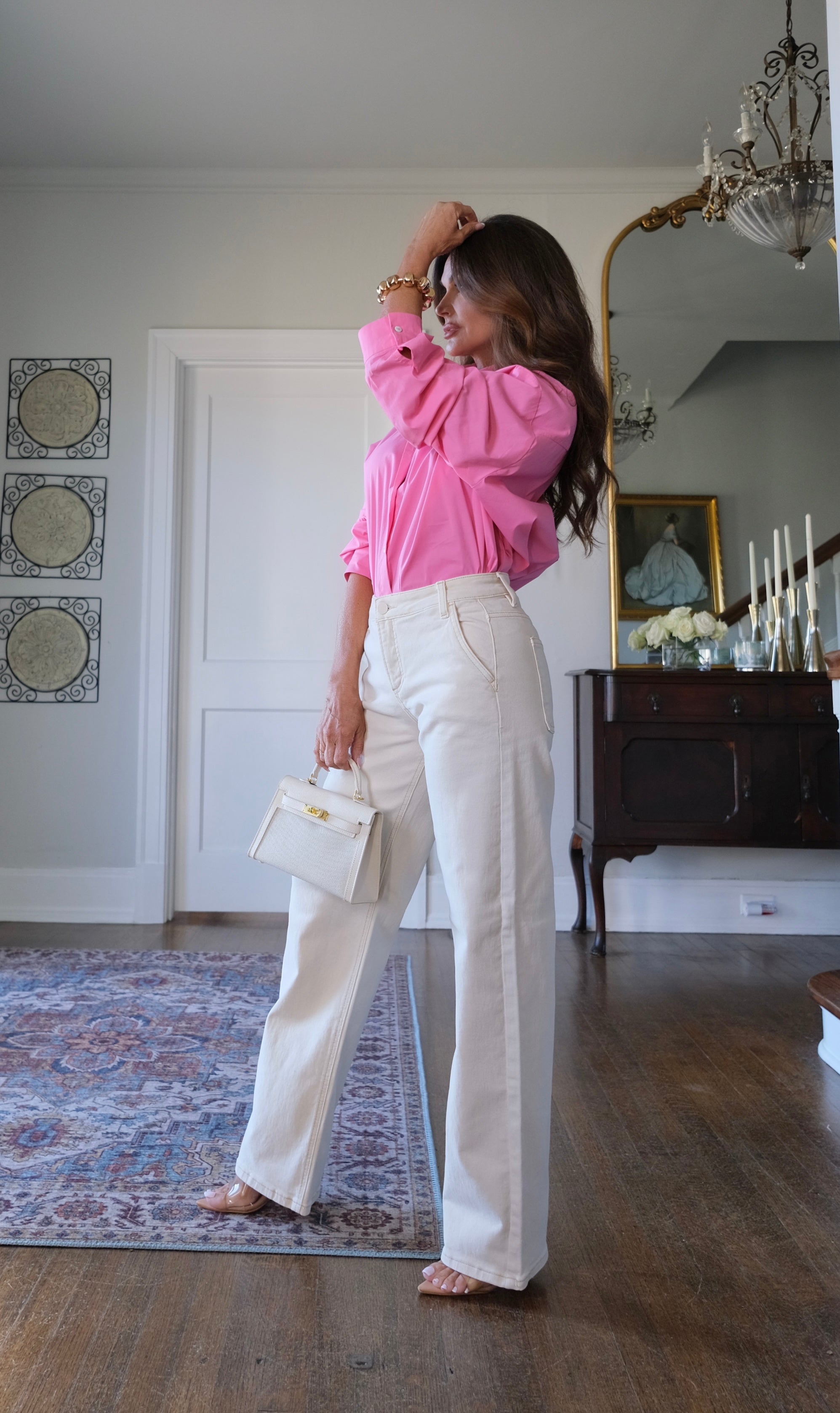 Wheatley cream mid rise wide leg pant with tan stitch