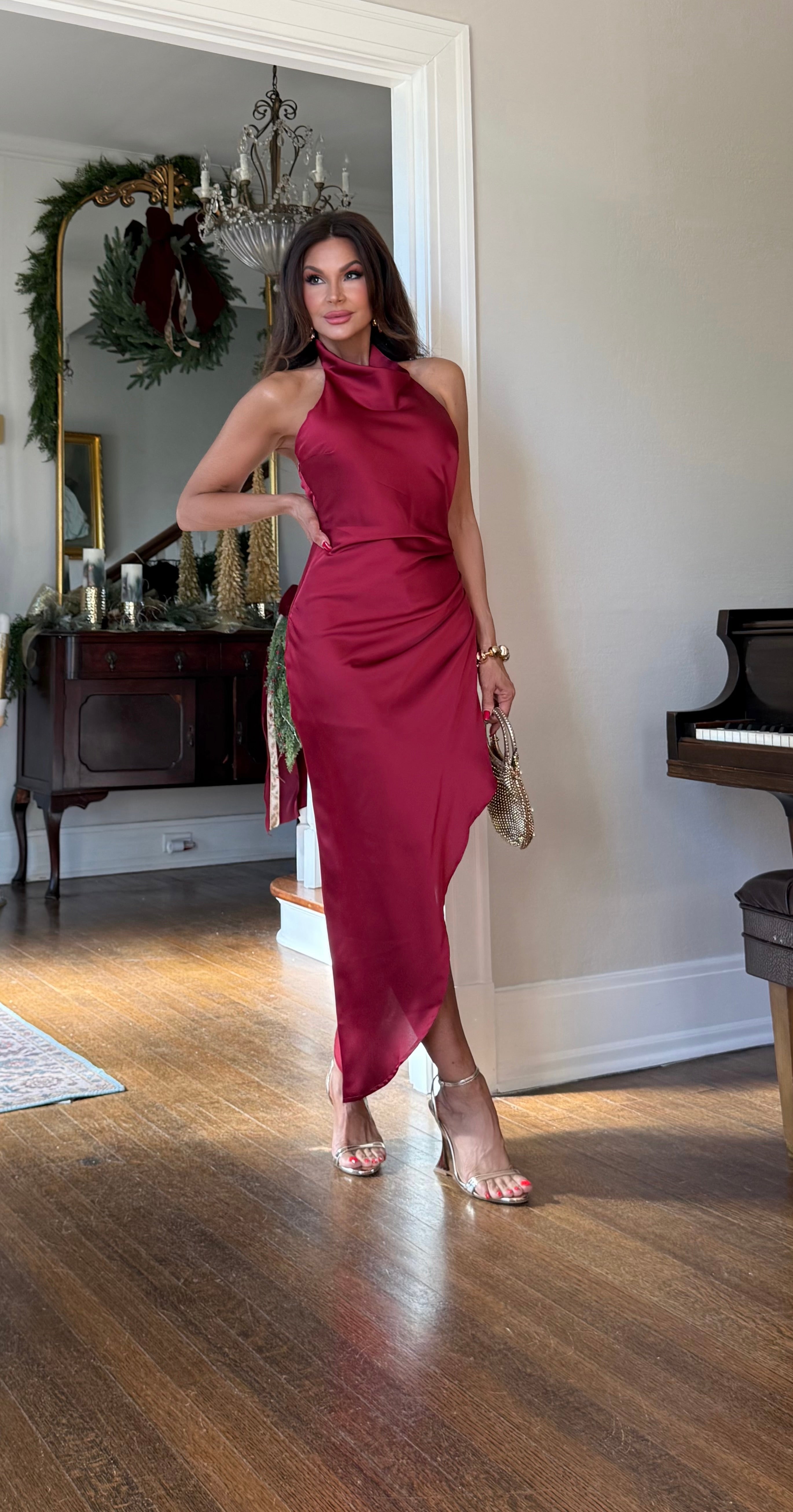 Kingsley Strawberry Wine Satin Asymmetrical Hem Halter Midi Dress