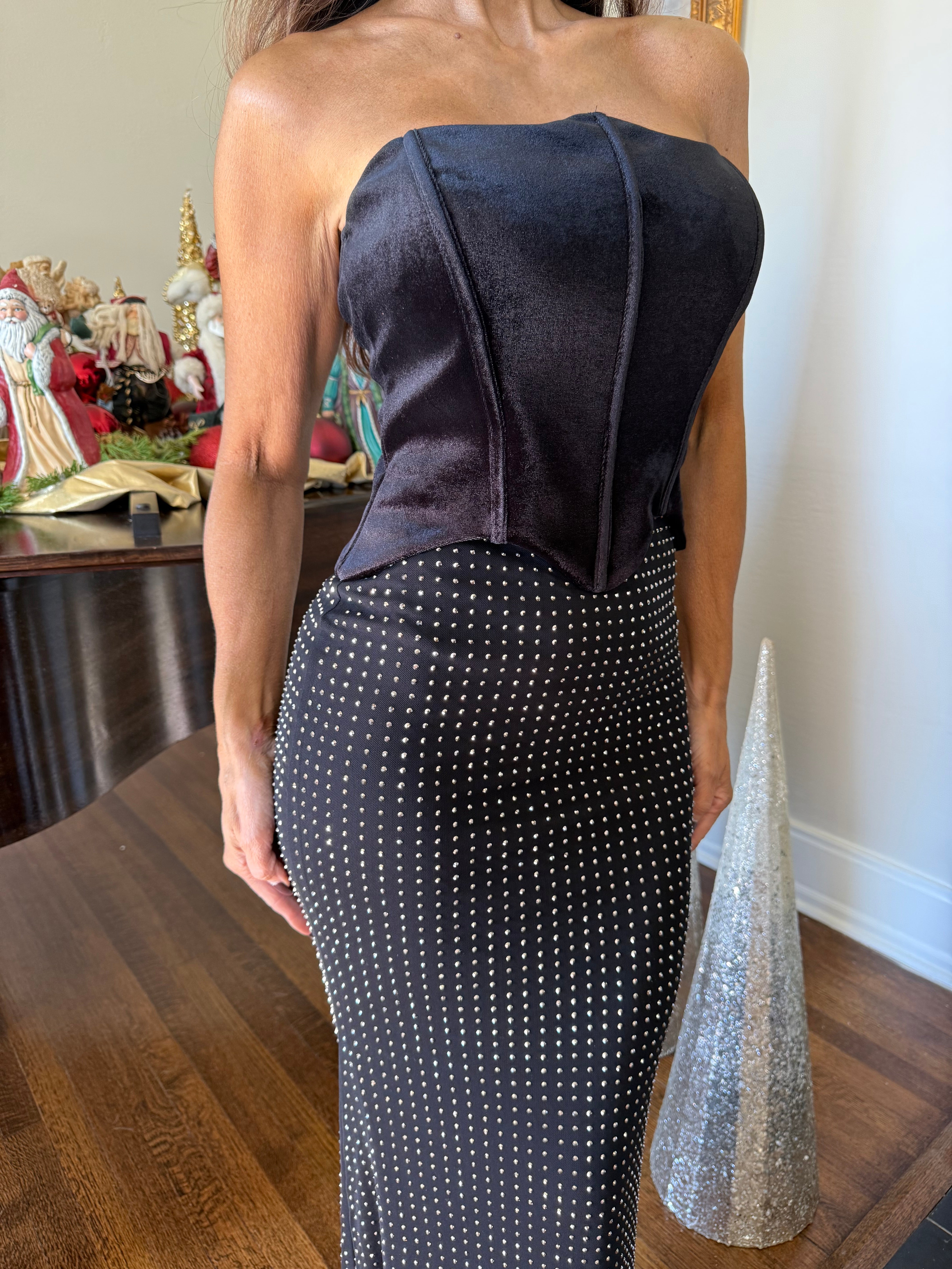 MaryEllen Black Velvet Corset Bodice With Rhinestone Skirt Formal Dress