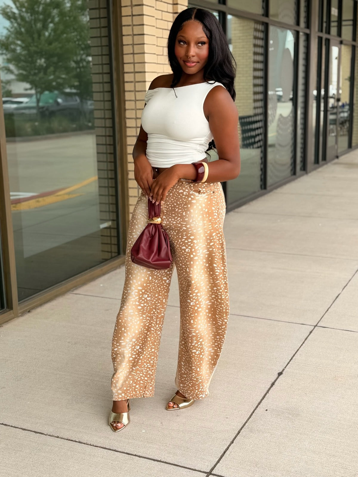 Bambi Khaki Fawn Print Wide Leg Pants