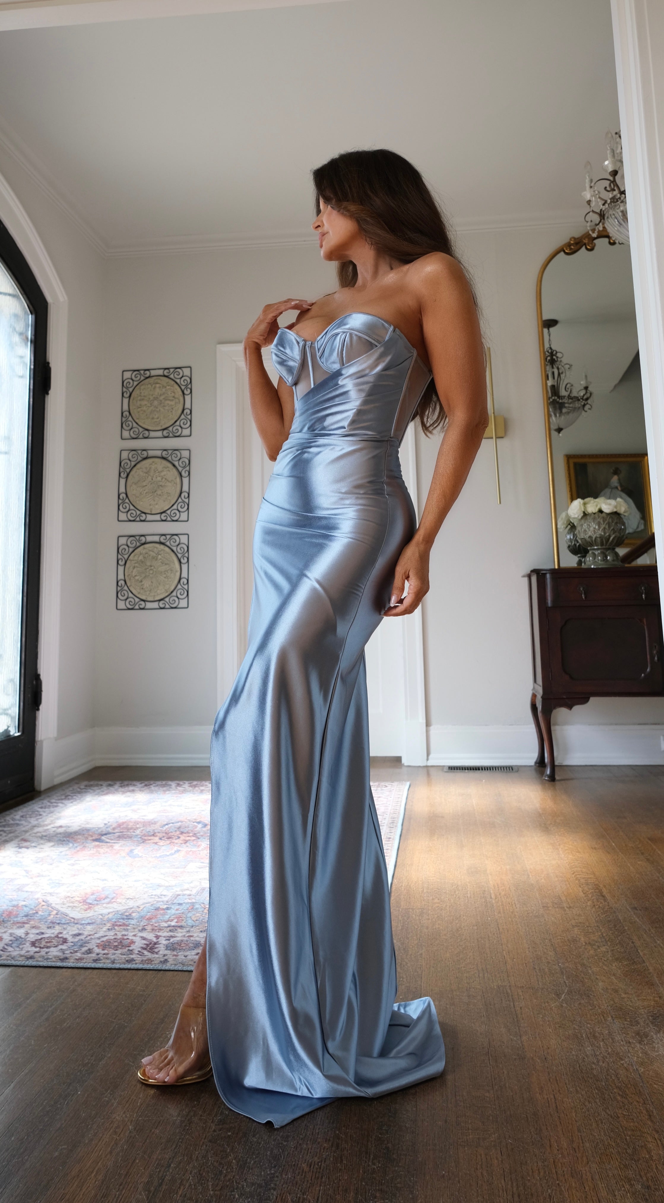 Robyn dusty blue mesh corset formal with slit