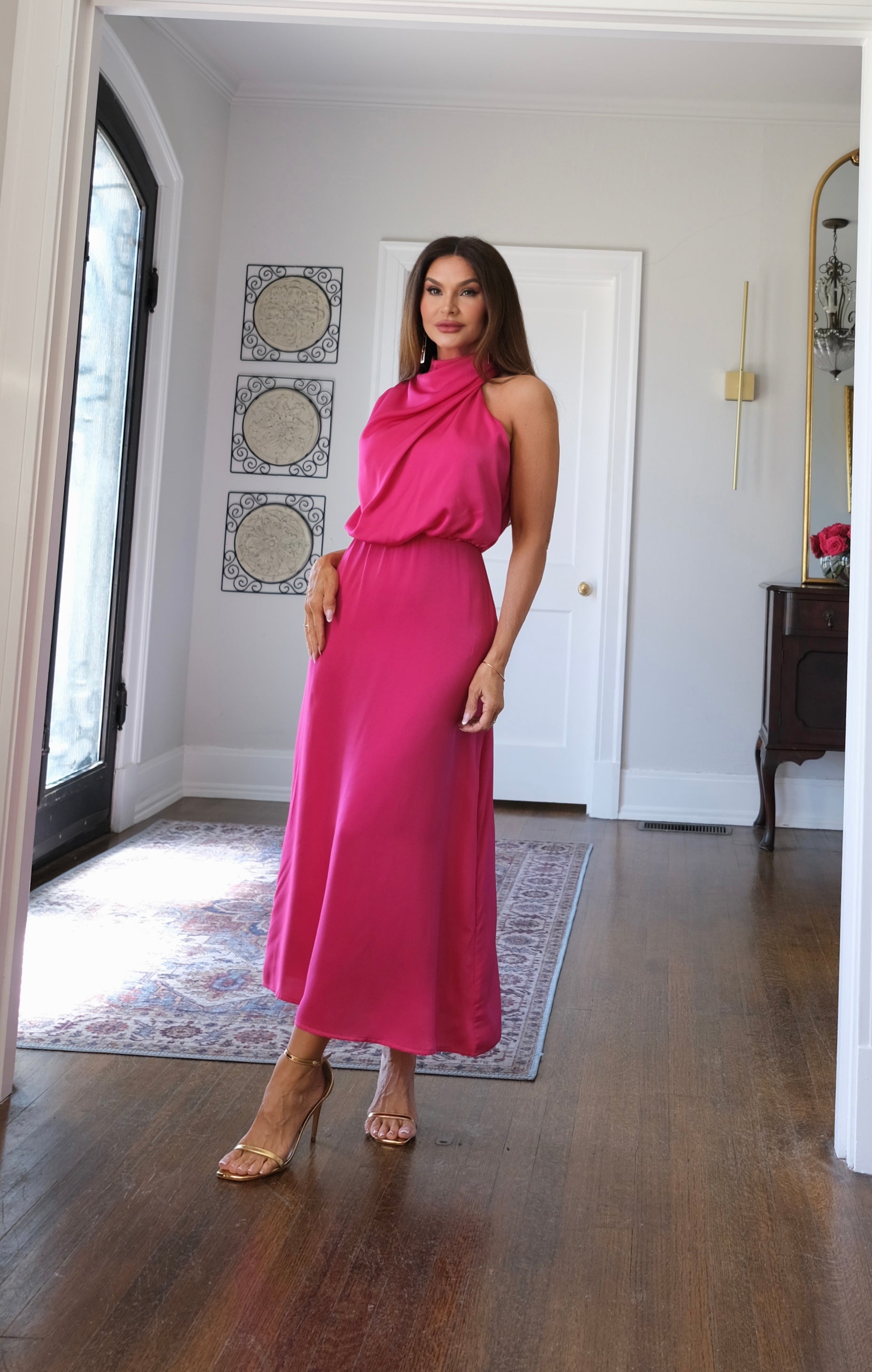 Bridgette rose satin halter neck midi