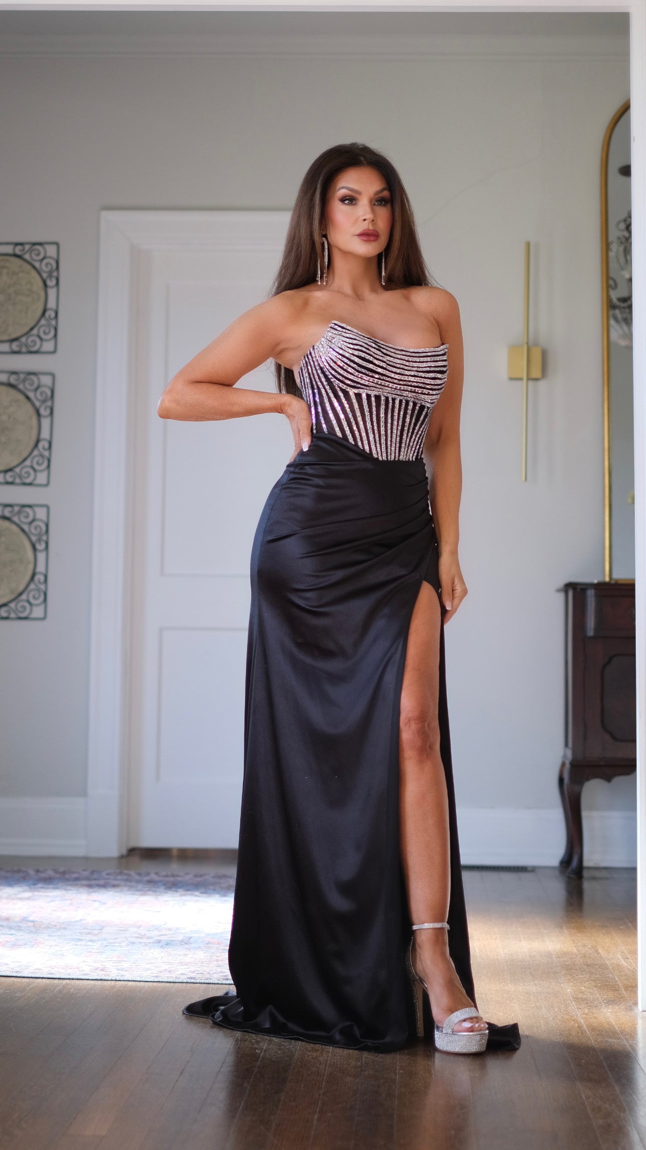 Macy black rhinestone corset dress satin skirting and high slit