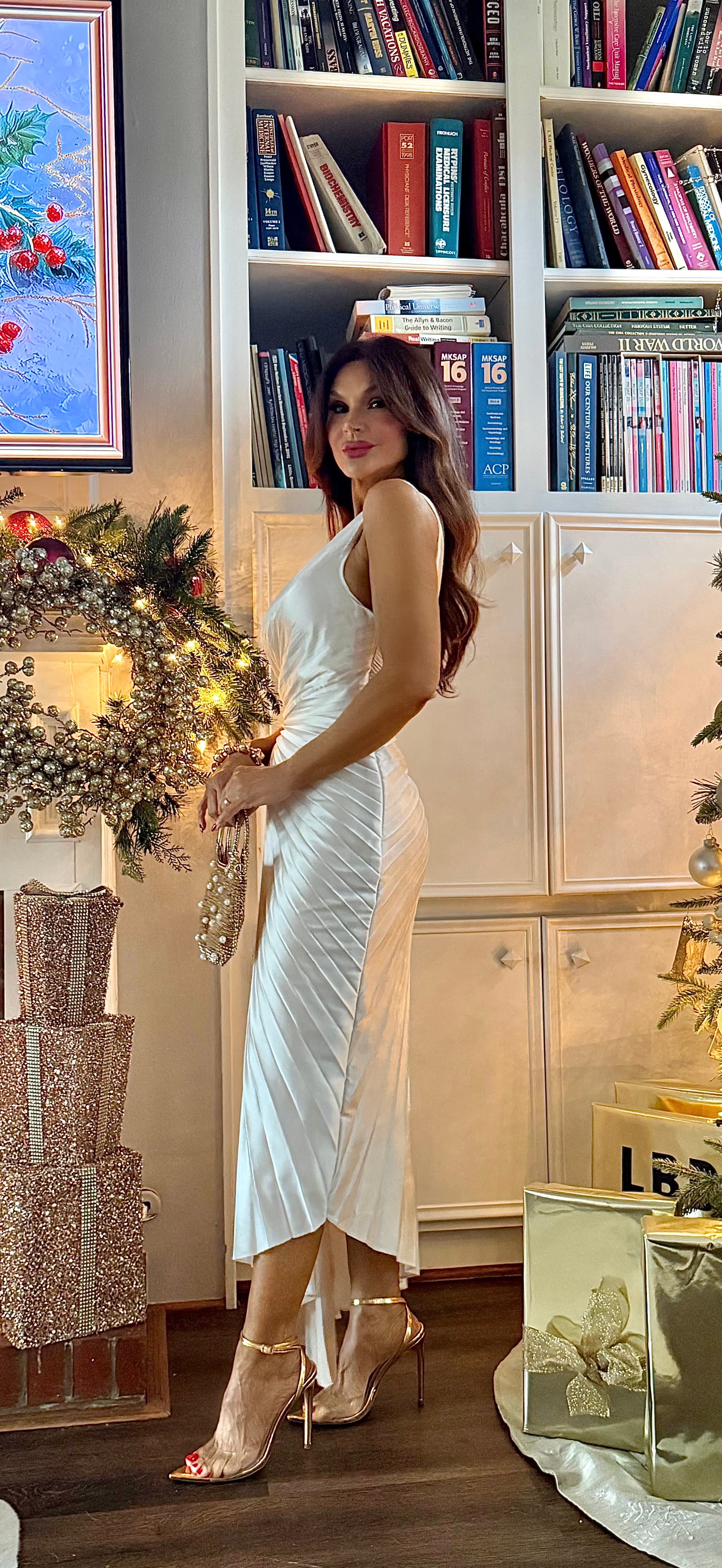 Pearle Cream Satin One Shoulder Pleated Midi Dress