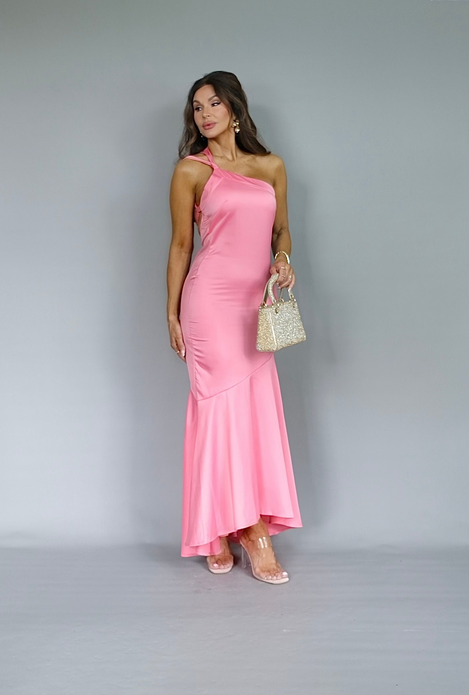 Vera pink slant shoulder maxi length slip dress
