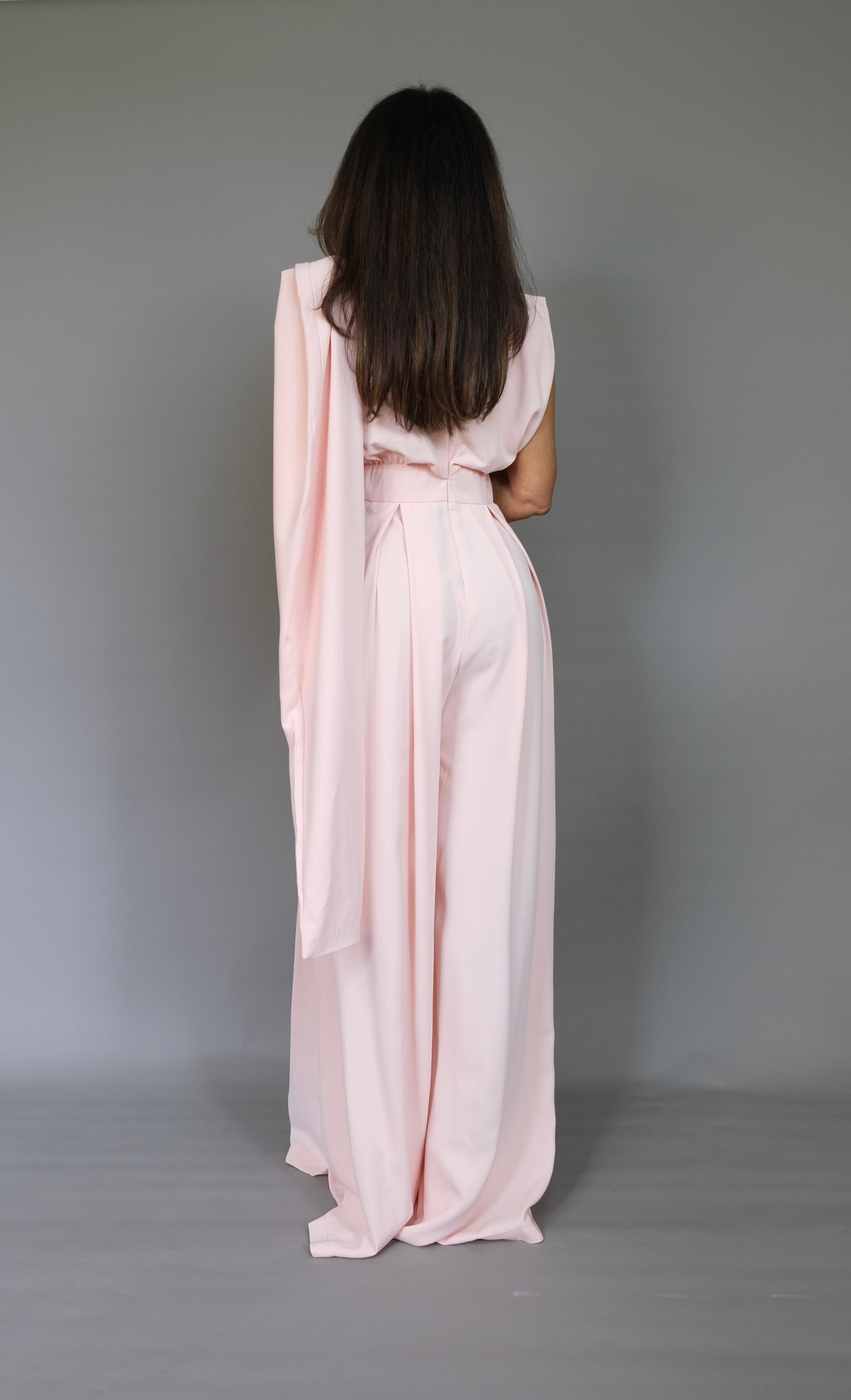 Jersey light peach wide leg jumpsuit with scarf detail