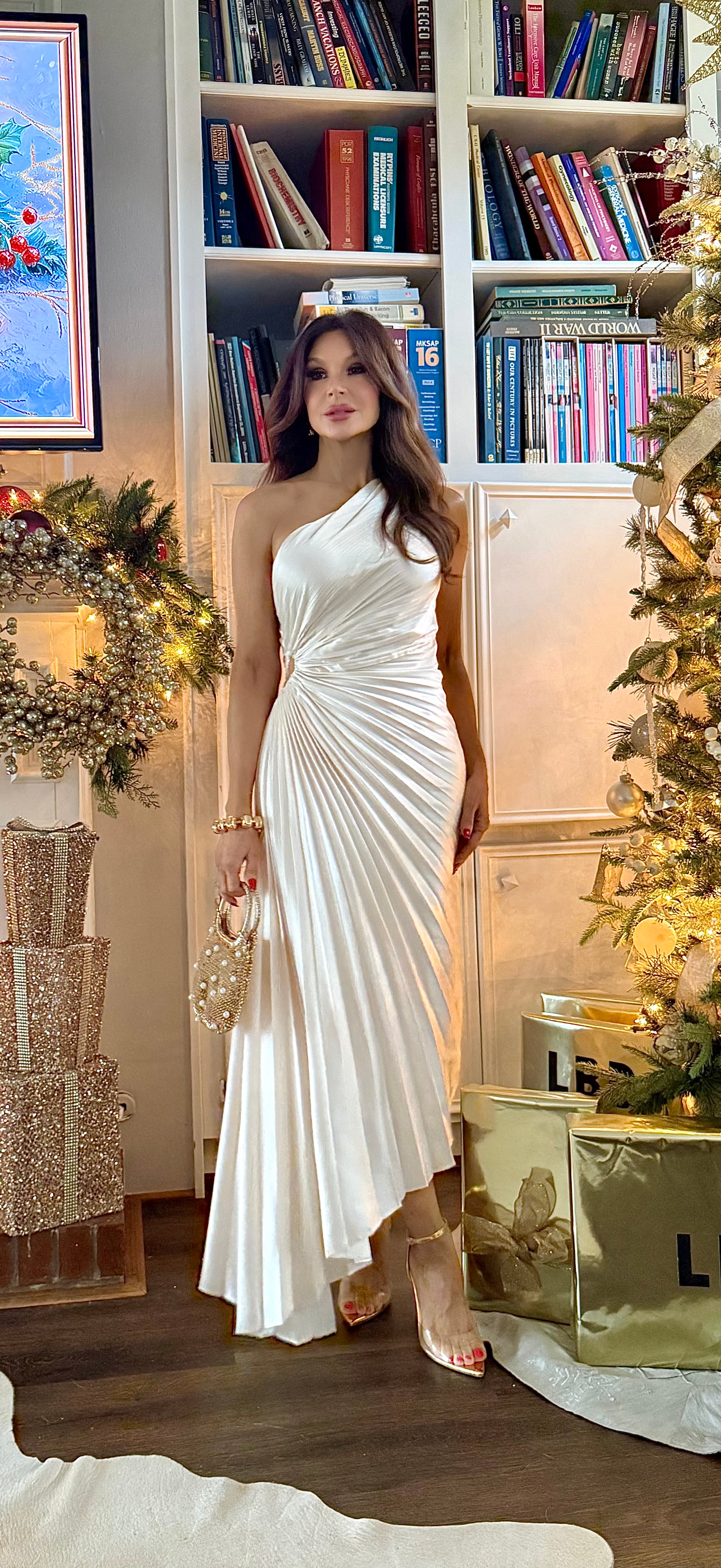 Pearle Cream Satin One Shoulder Pleated Midi Dress