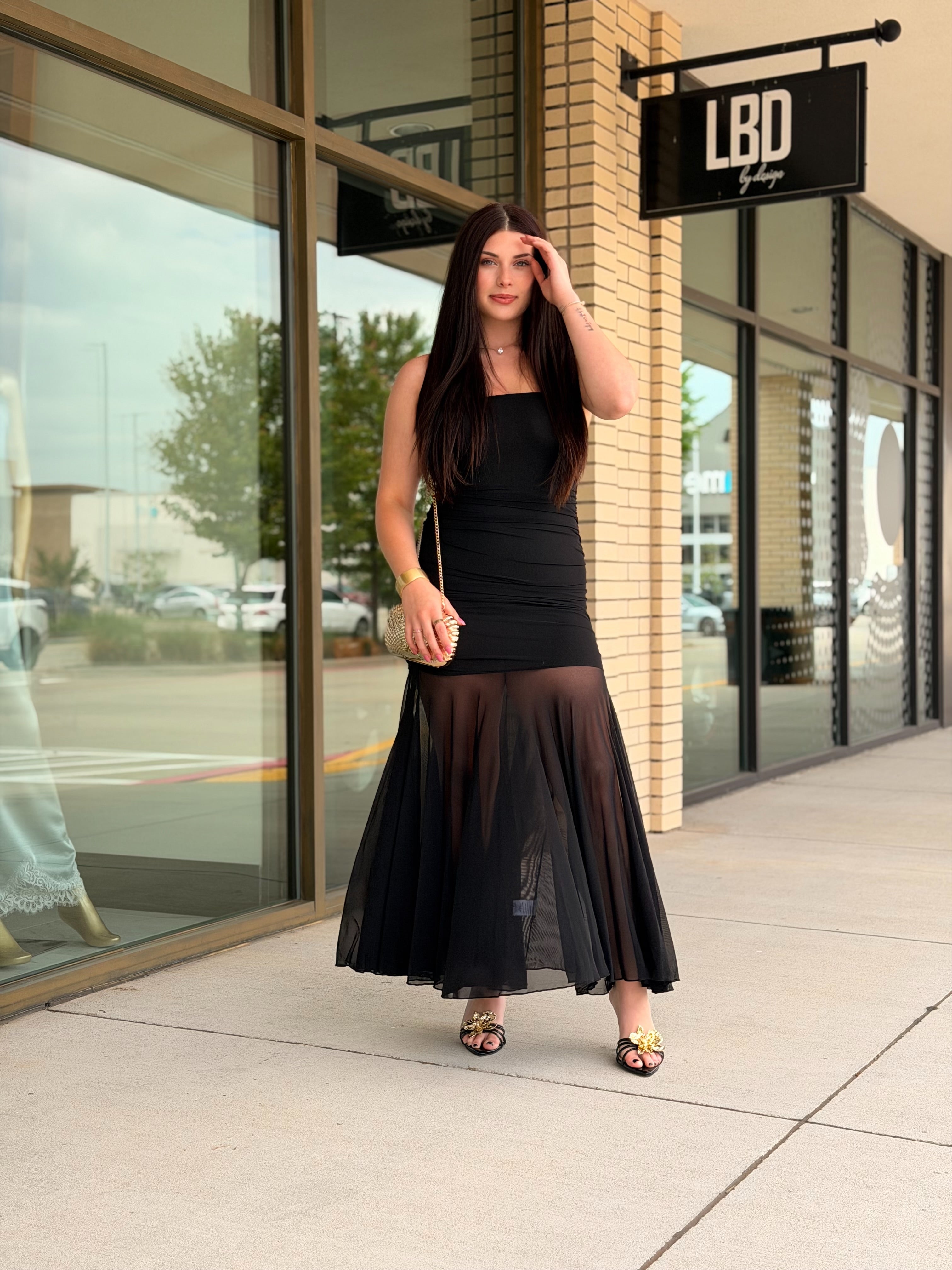 Stassie black ruched strapless midi dress