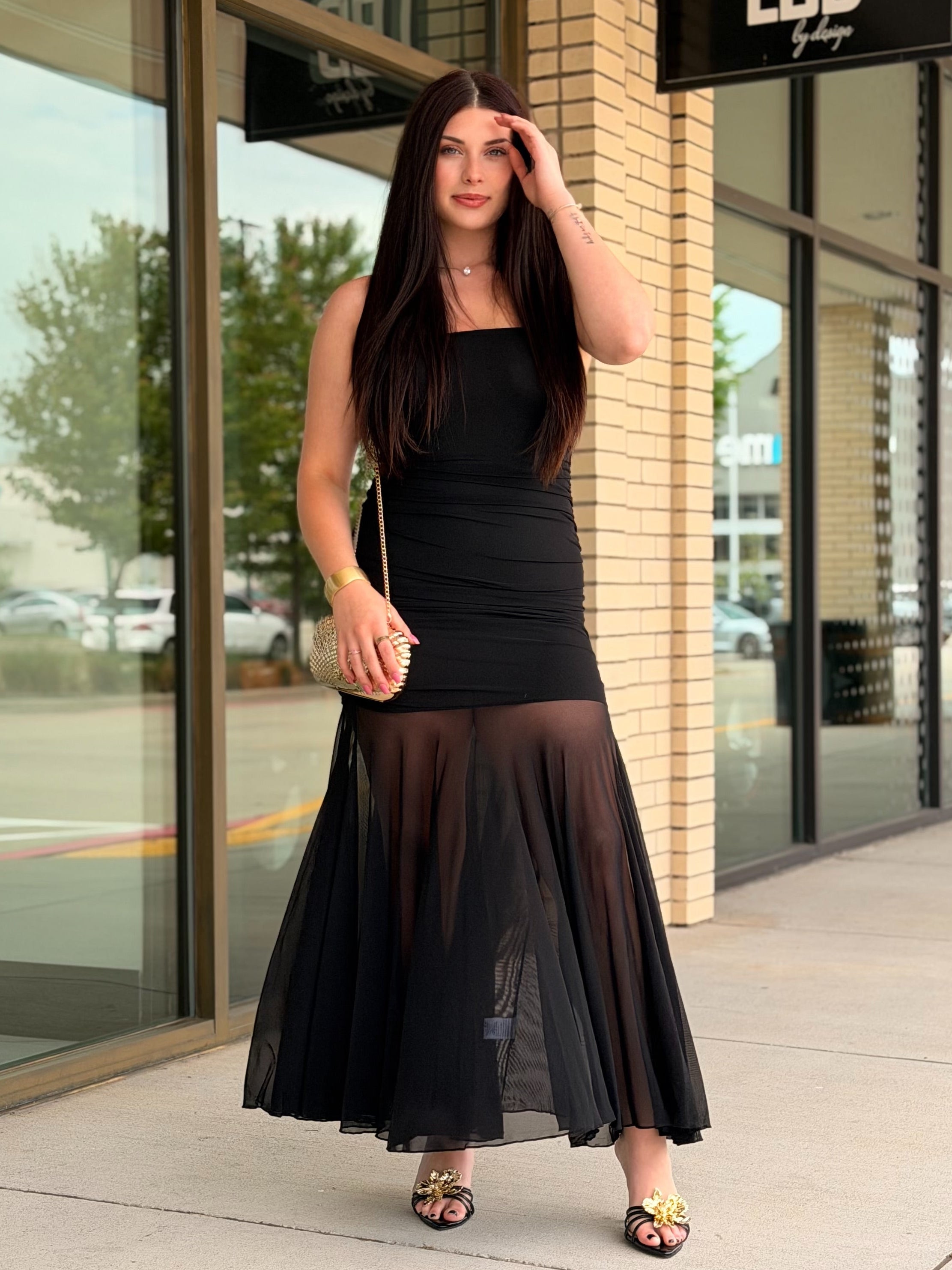 Stassie black ruched strapless midi dress