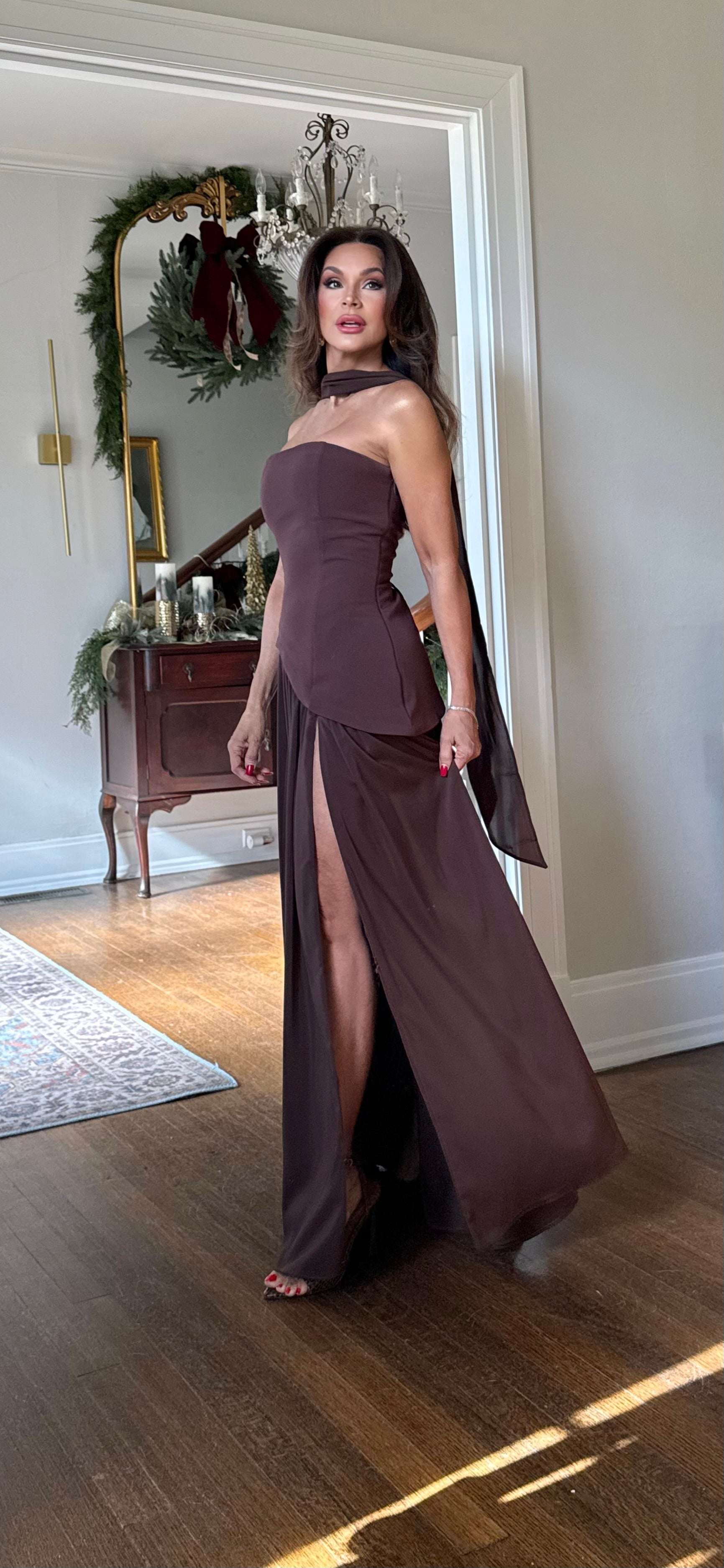 Esmeralda Chocolate Strapless Asymmetrical Waist Gathered Skirt With Slit Midi Dress