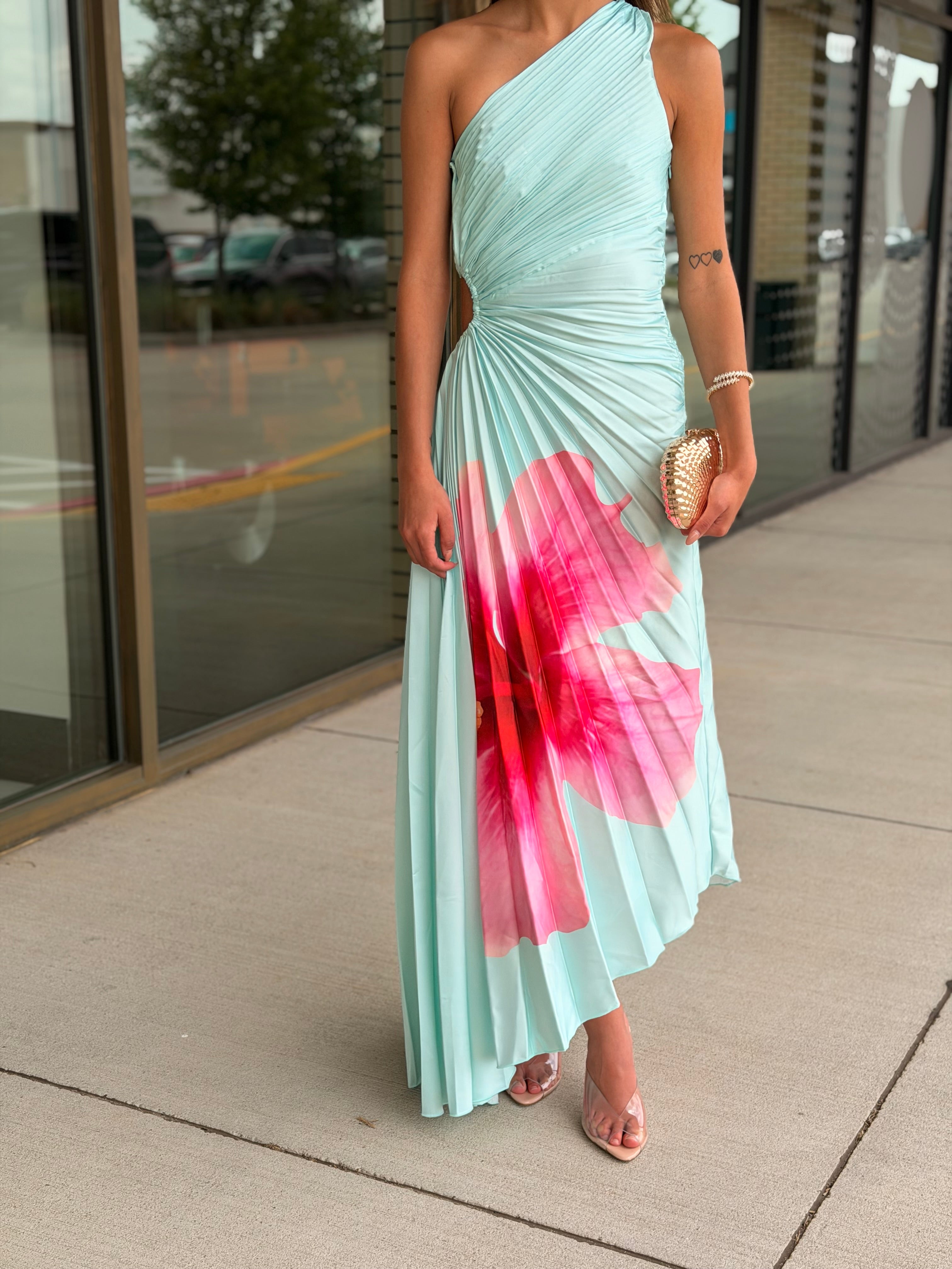 Talia Mint One Shoulder Pleated Cut Out Midi Dress
