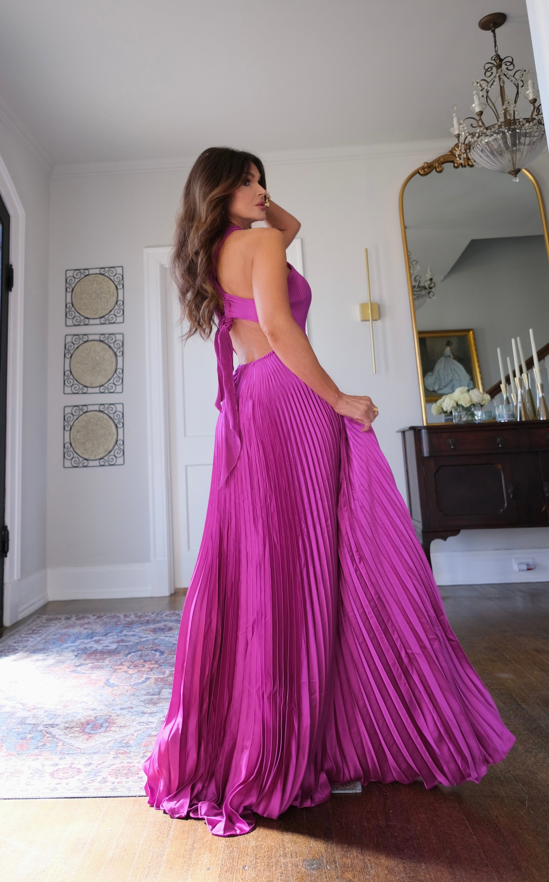 Polly magenta pleated cross over Maxi dress