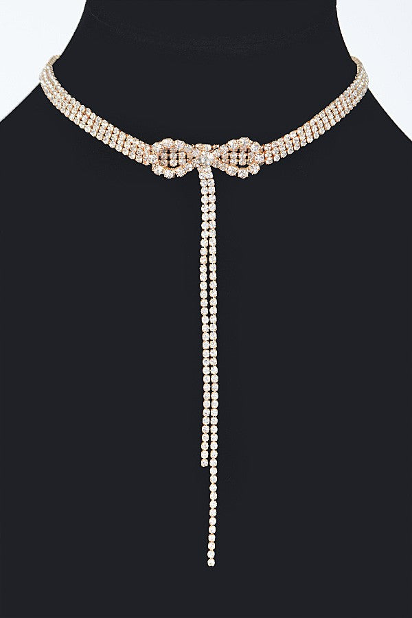 Rhinestone Bow String Choker Necklace