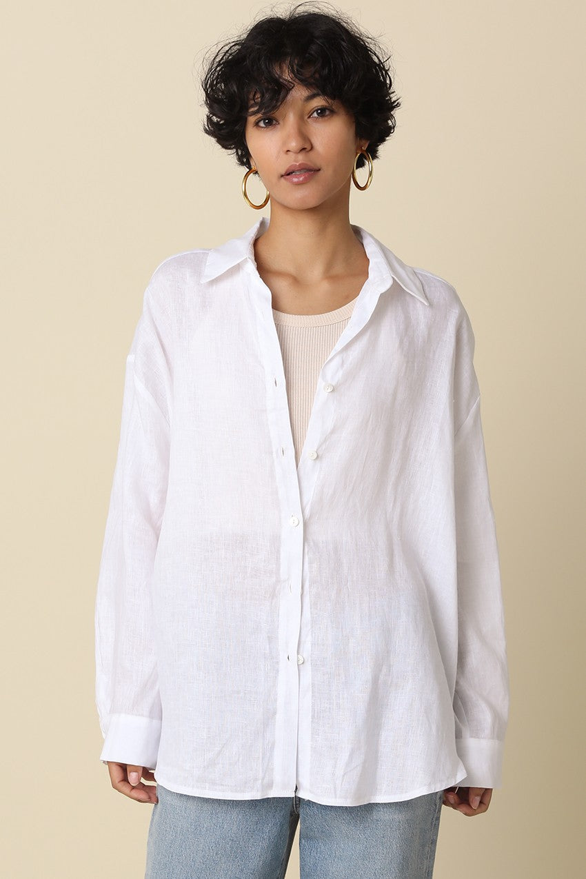Wrenlee White Linen Button Down Top