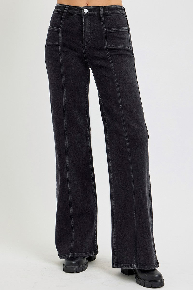 Sadie Black Mid Rise Front Patch Pockets Wide Leg Jeans