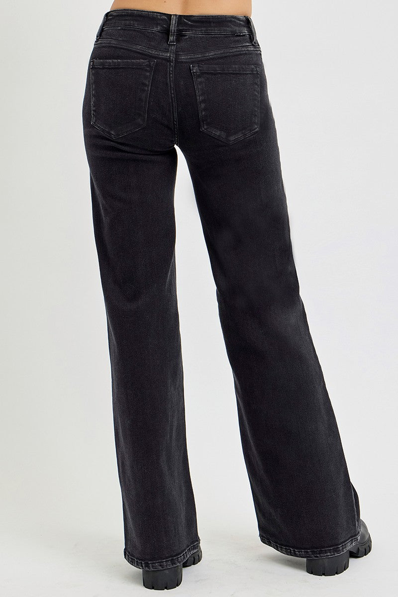 Sadie Black Mid Rise Front Patch Pockets Wide Leg Jeans