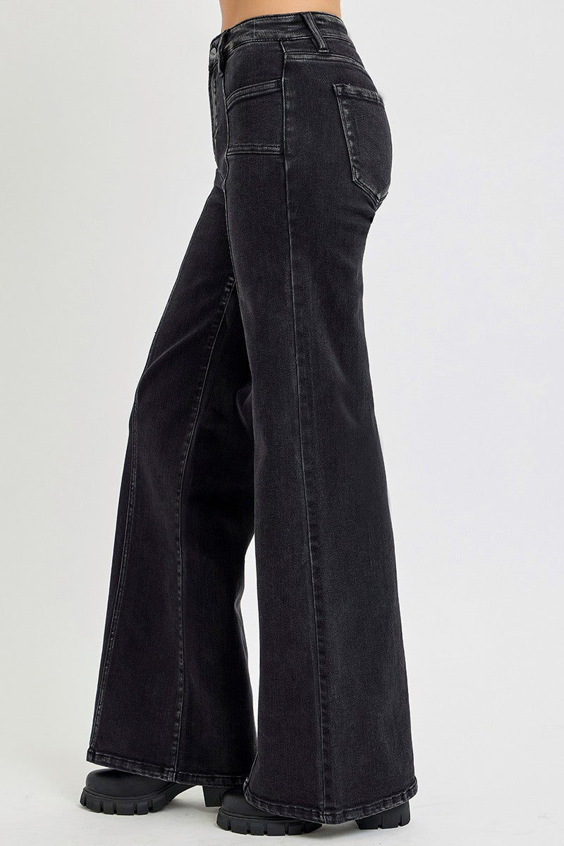 Sadie Black Mid Rise Front Patch Pockets Wide Leg Jeans