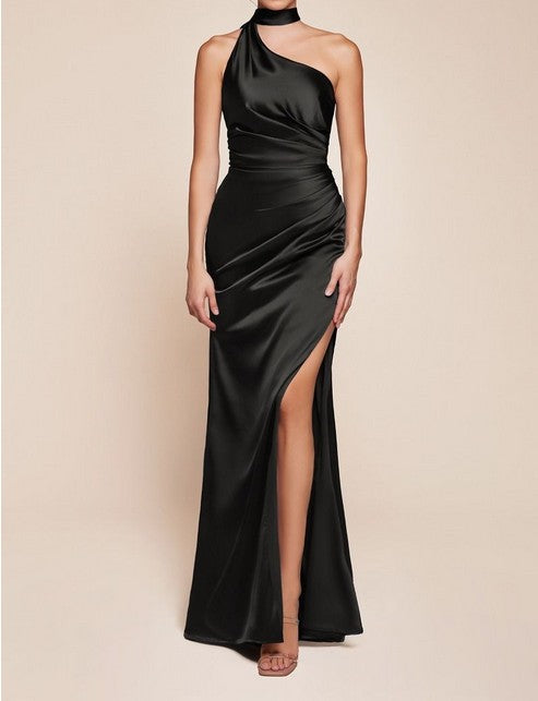 Lila Black Satin One Shoulder Side Slit Neck Sash Formal Dress