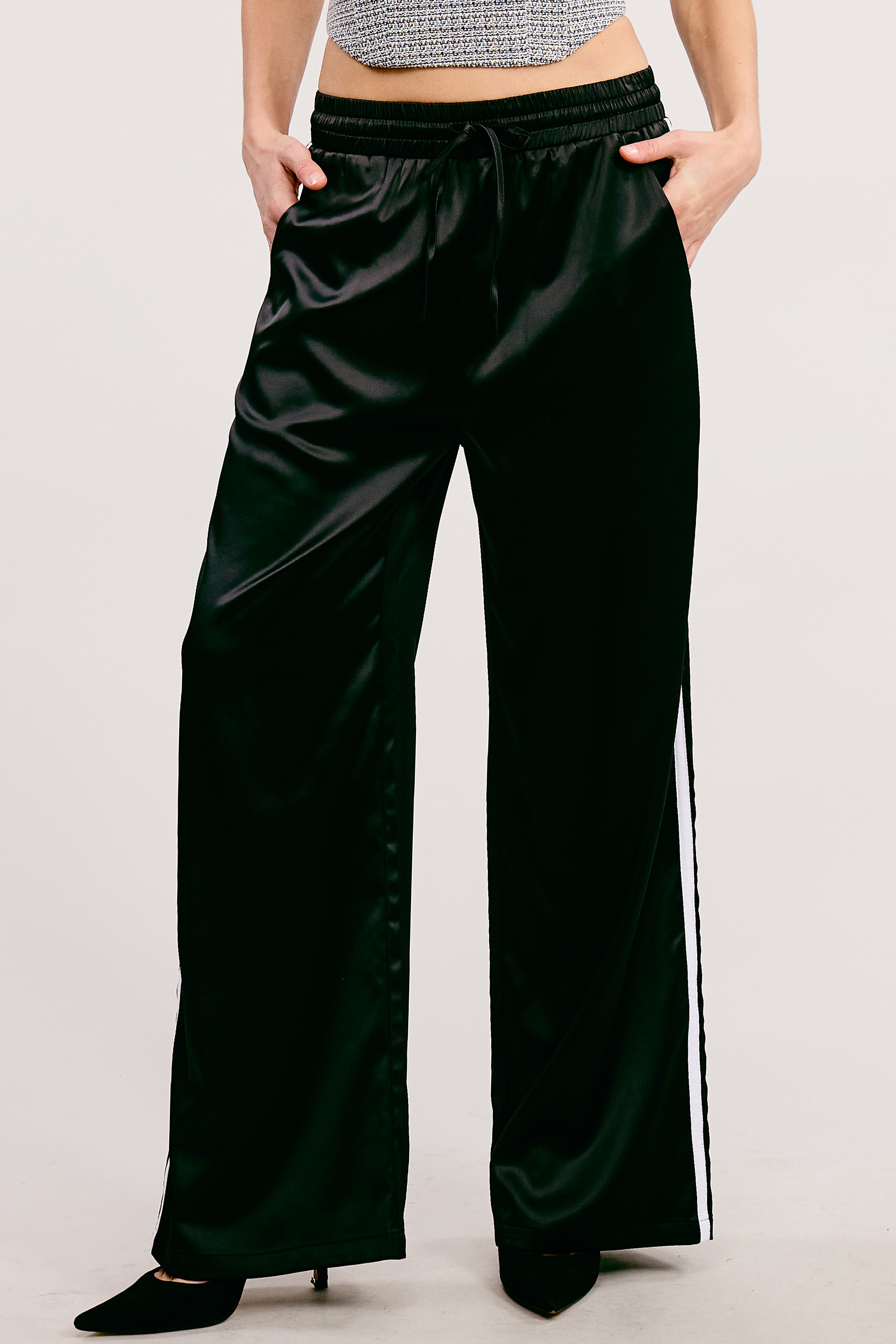 Sarah Black Sporty Satin Pants With Contrast Sides