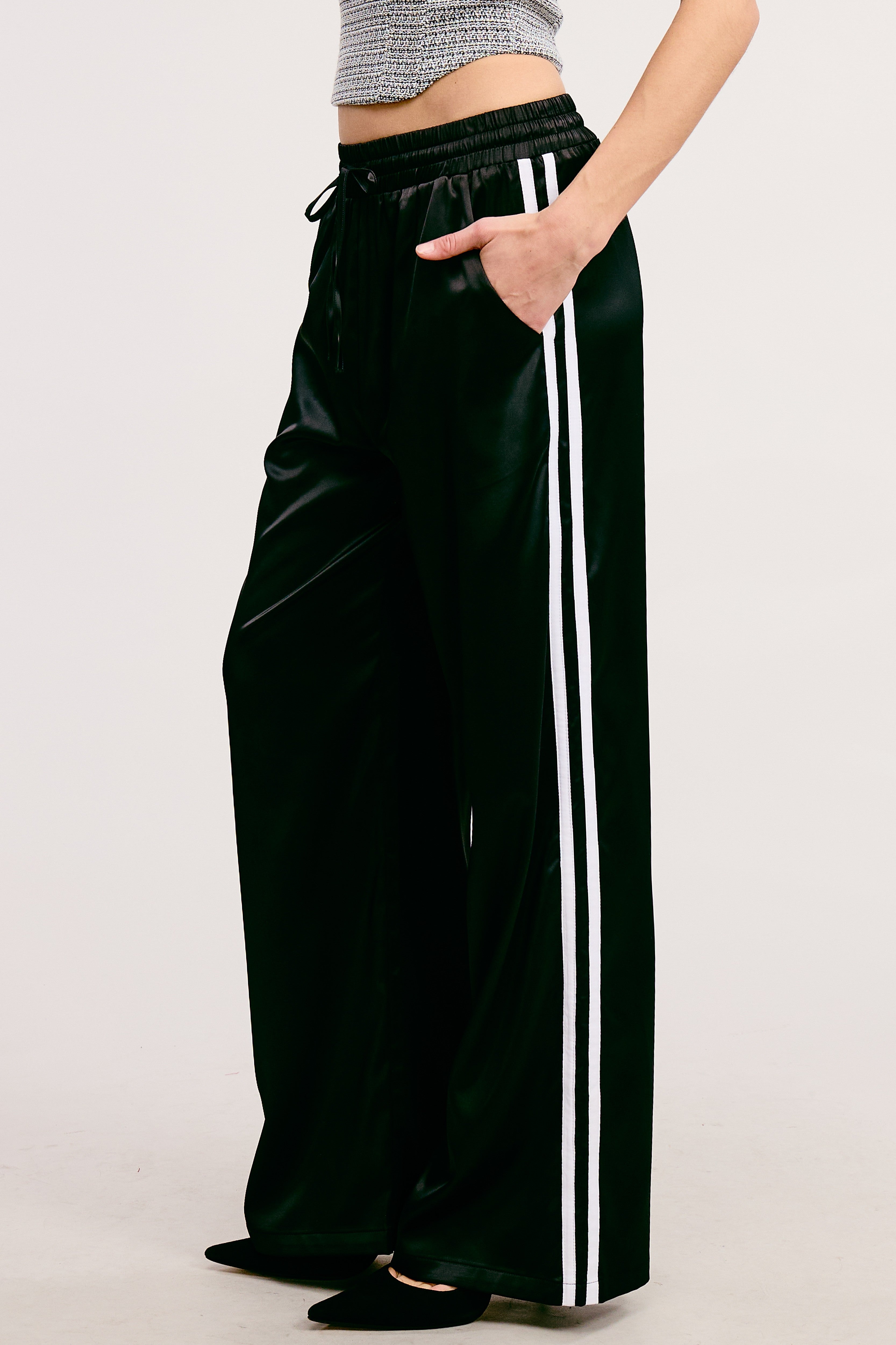 Sarah Black Sporty Satin Pants With Contrast Sides