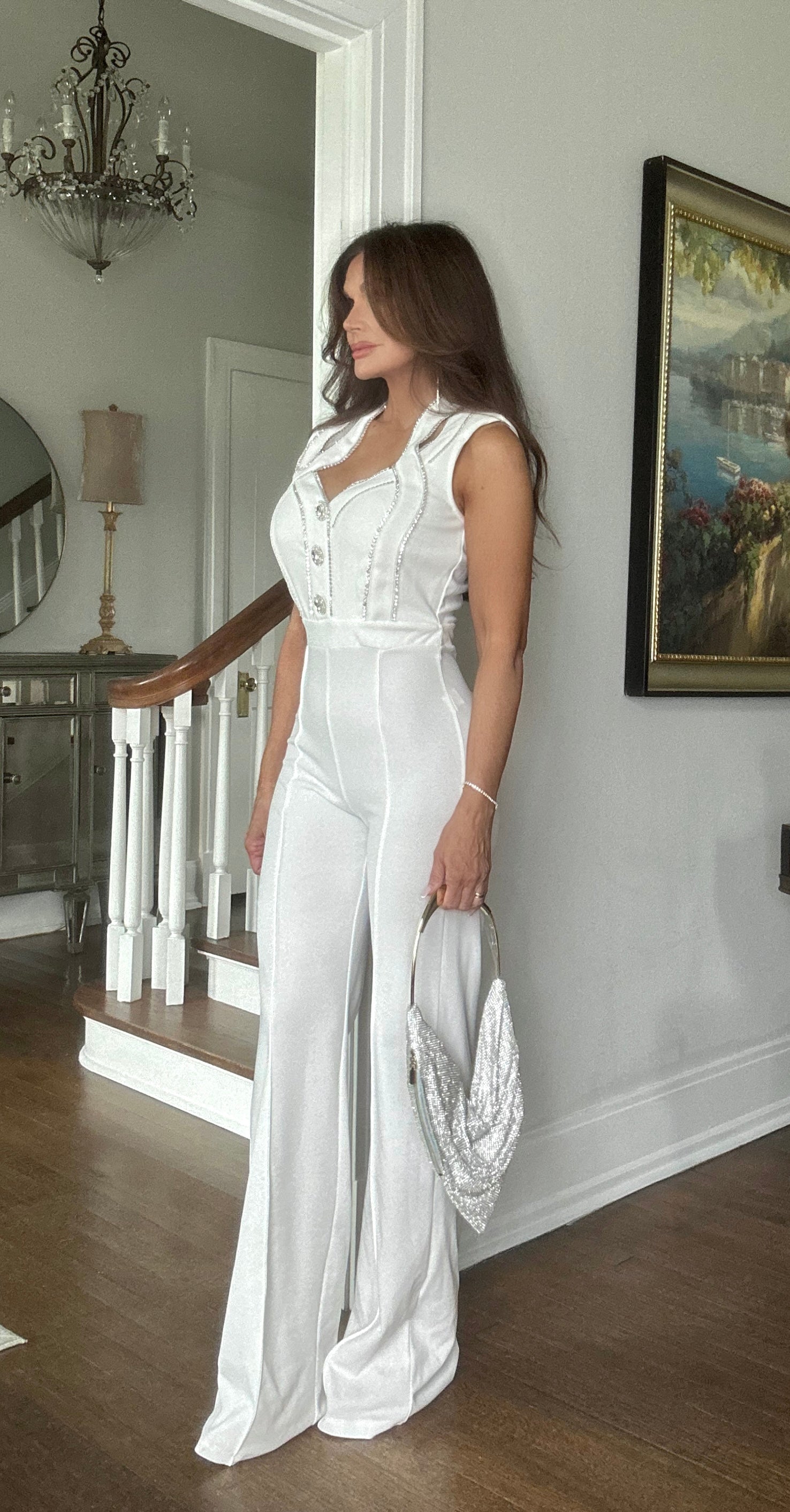 Juno white sleeveless jeweled button jumpsuit