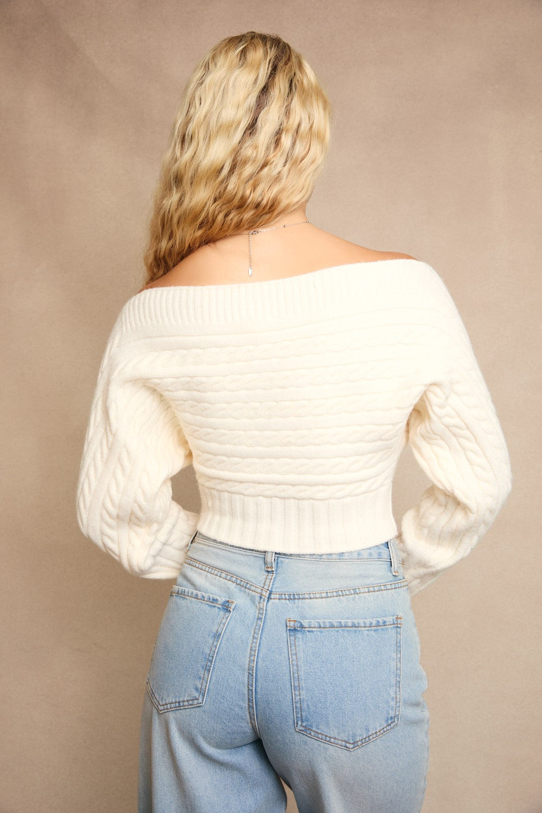 Caroline Ivory Off Shoulder Button Down Sweater Top