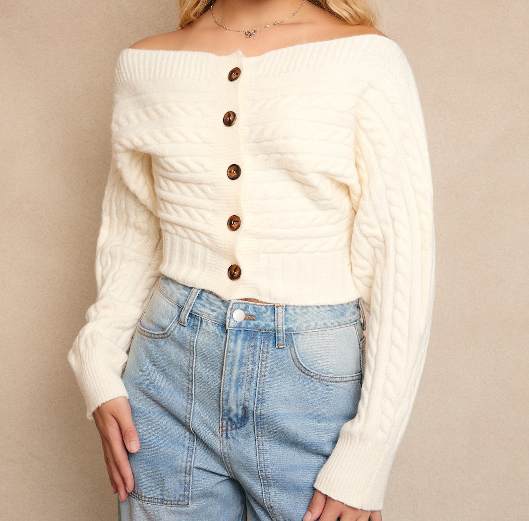Caroline Ivory Off Shoulder Button Down Sweater Top