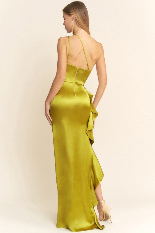 Chantell Chartreuse Satin One Shoulder Maxi Dress