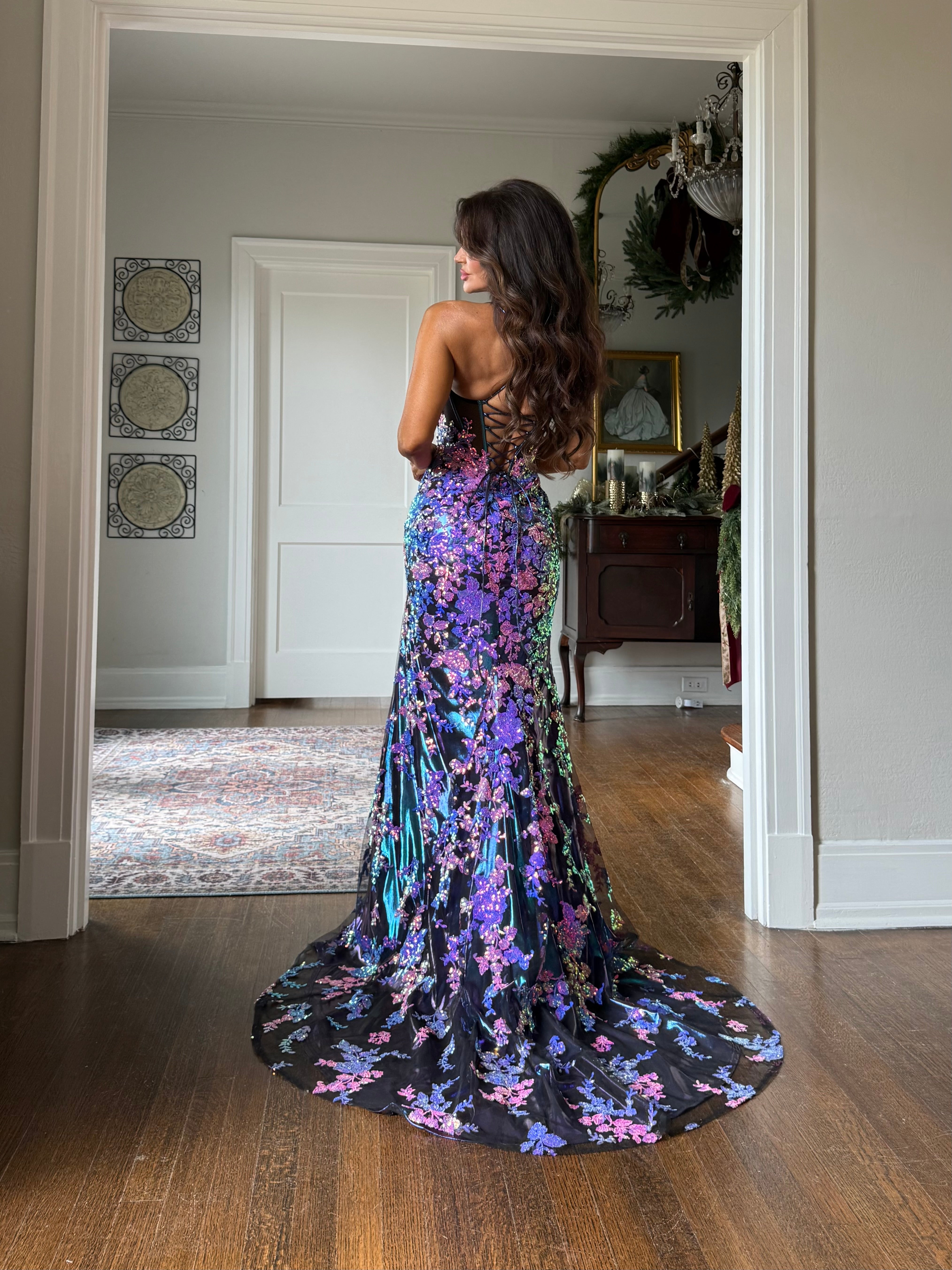 Stephanie purple sequin formal with floral embroidery