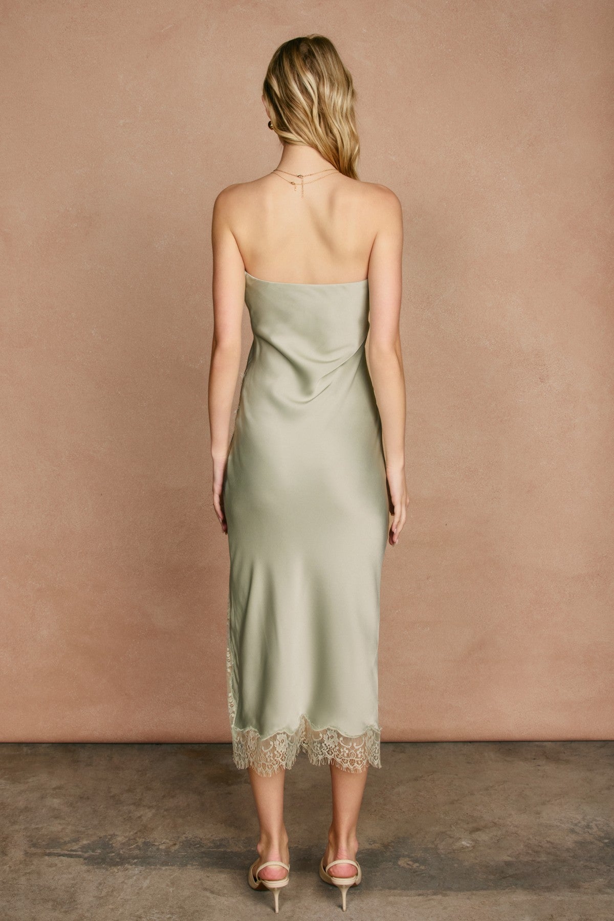Evalina Light Sage Strapless Lace Midi Dress