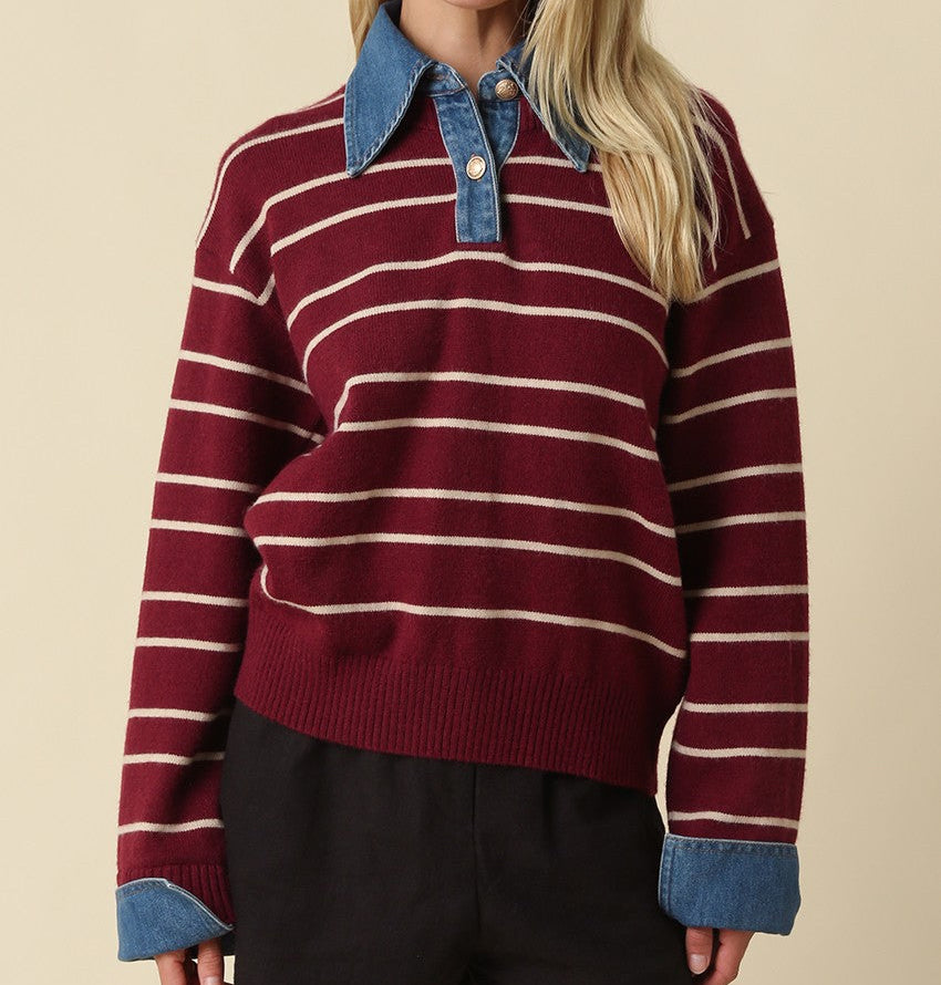 Penny Burgundy Striped Sweater With Denim Contrast