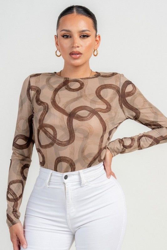 Elena Brown Mesh Print High Neck Open Back Long Sleeve Bodysuit