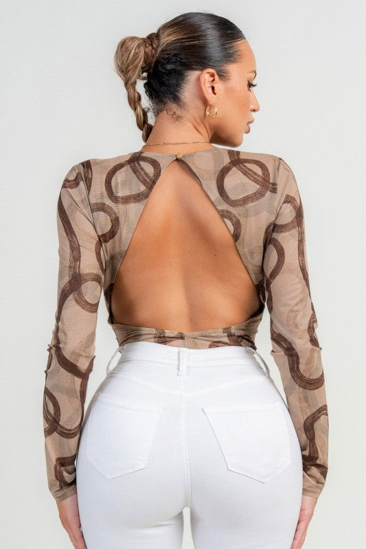 Elena Brown Mesh Print High Neck Open Back Long Sleeve Bodysuit