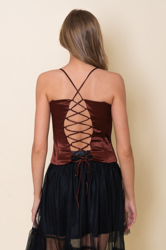 Penny Chocolate Satin Lace Trim Corset Top