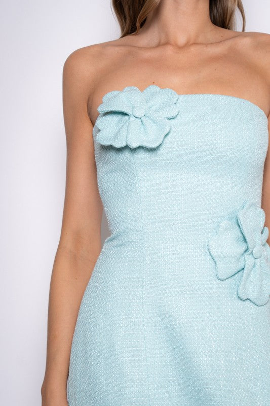 Madison Aqua Blue Tweed Strapless Mini Dress With Flowers