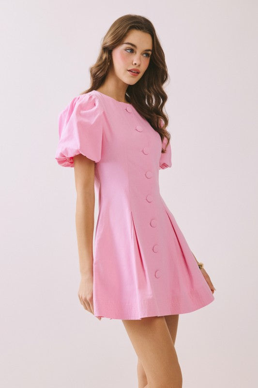 Mandi Pink Buton Front Side Pockets Mini Dress With Puff Sleeves