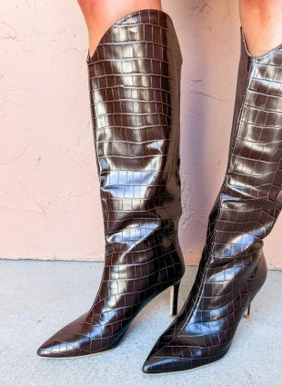 Anna Black Croc Print Pointed Toe High Boot