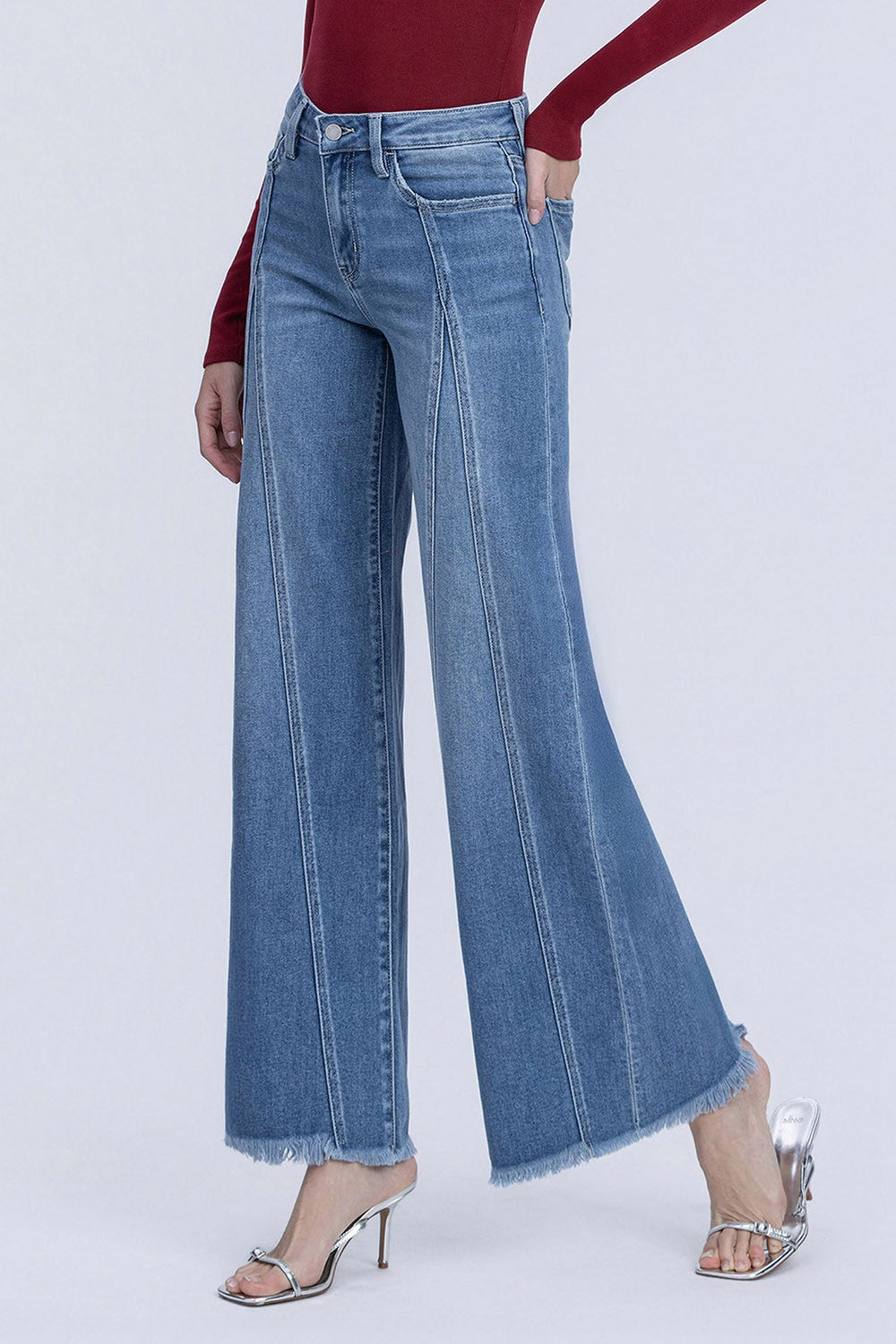 Alaia Medium Wash High Rise Paneled Wide Leg Jeans