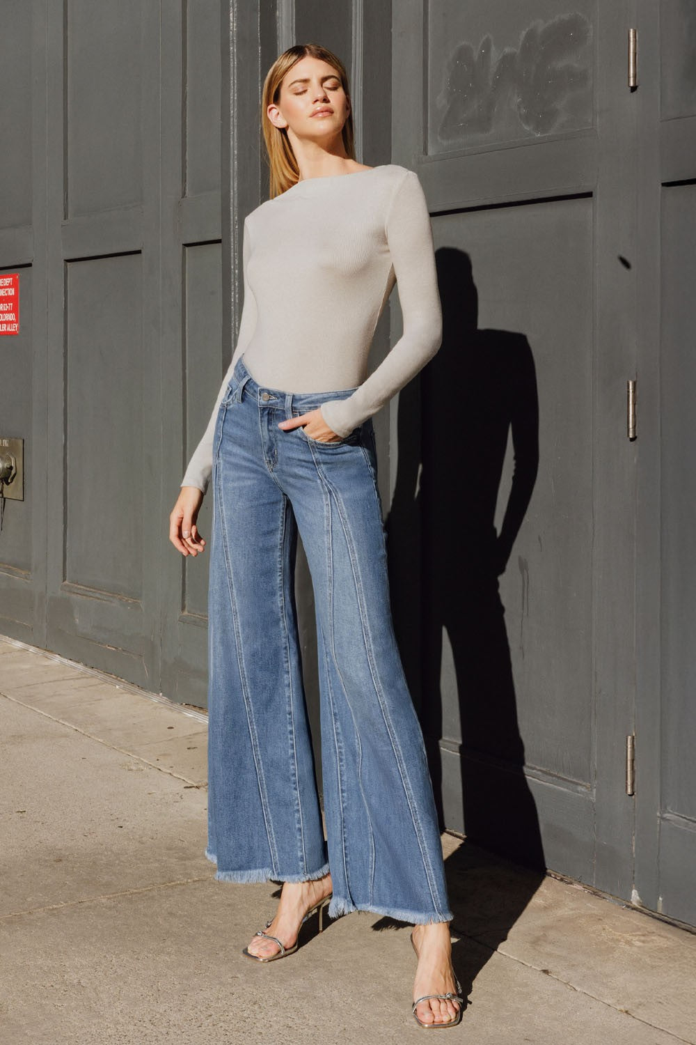 Alaia Medium Wash High Rise Paneled Wide Leg Jeans